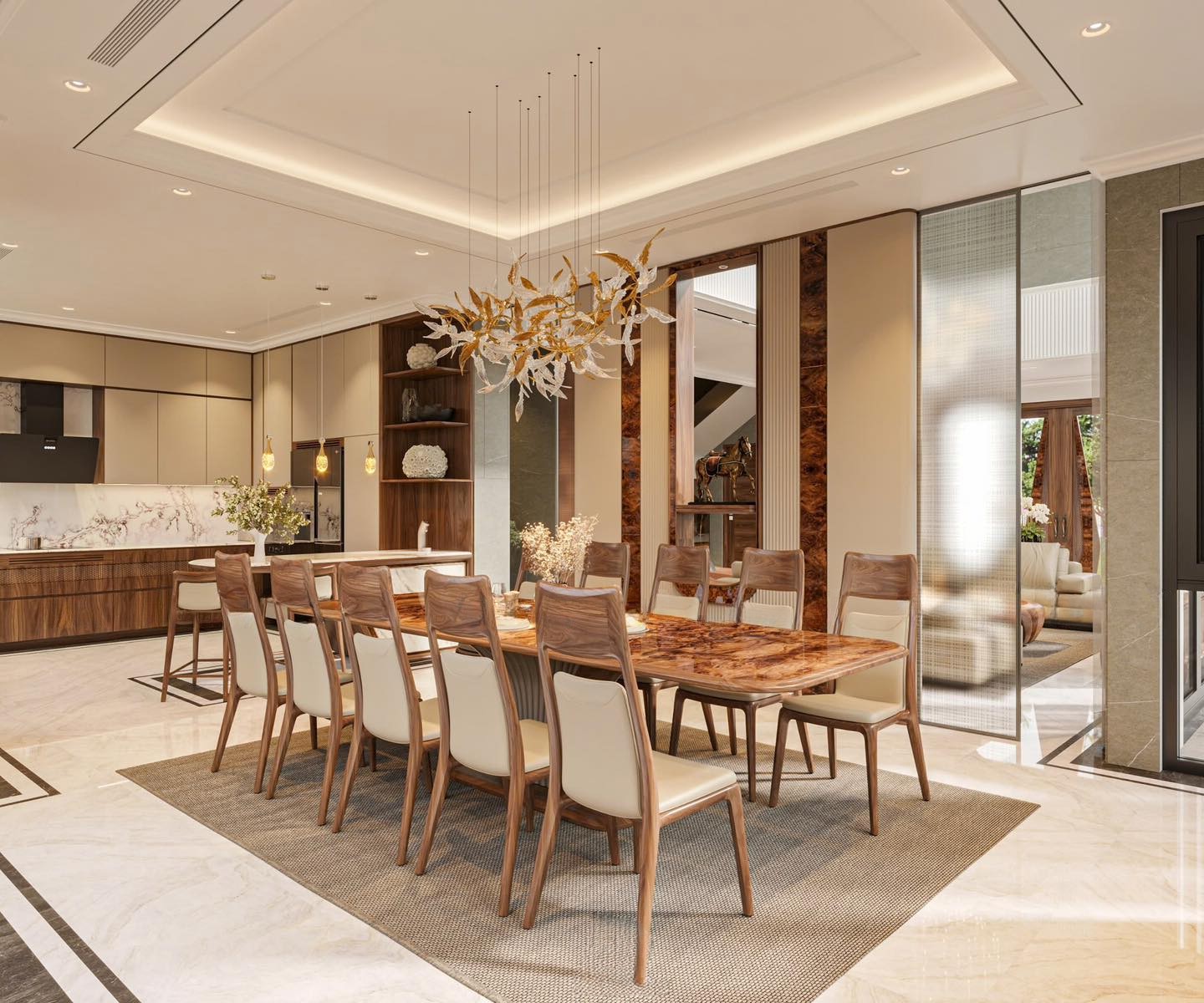 Bàn ăn 10 ghế hiện đại chất liệu gỗ óc chó hoặc gỗ sồi