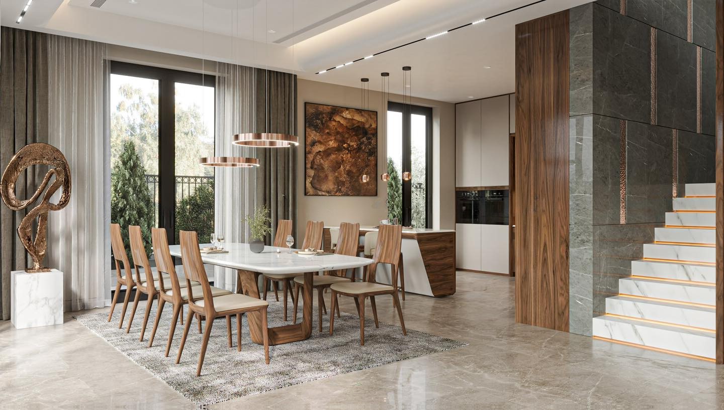 Bộ bàn ăn 8 ghế mặt đá granite trắng vân xám với khung gỗ tự nhiên