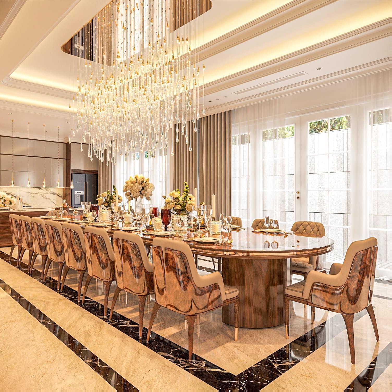 Bàn ăn cao cấp 18 ghế mặt oval gỗ kính và viền mạ vàng đồng sang trọng