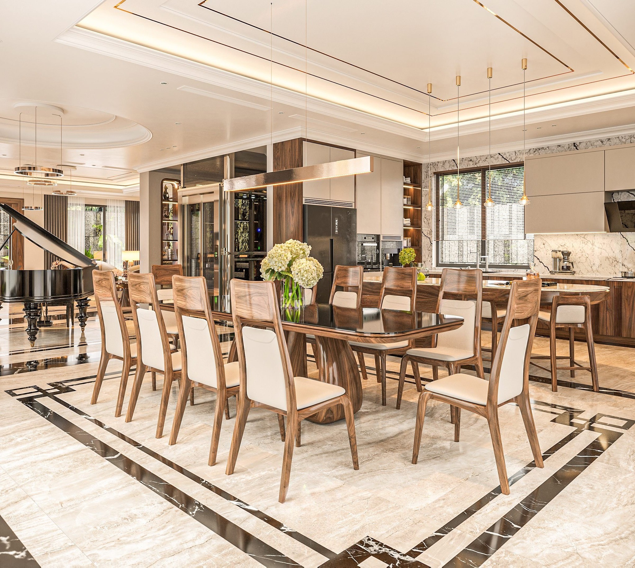 Bàn ăn đẹp hiện đại 10 ghế mặt gỗ phủ kính và ghế bọc da trắng kem