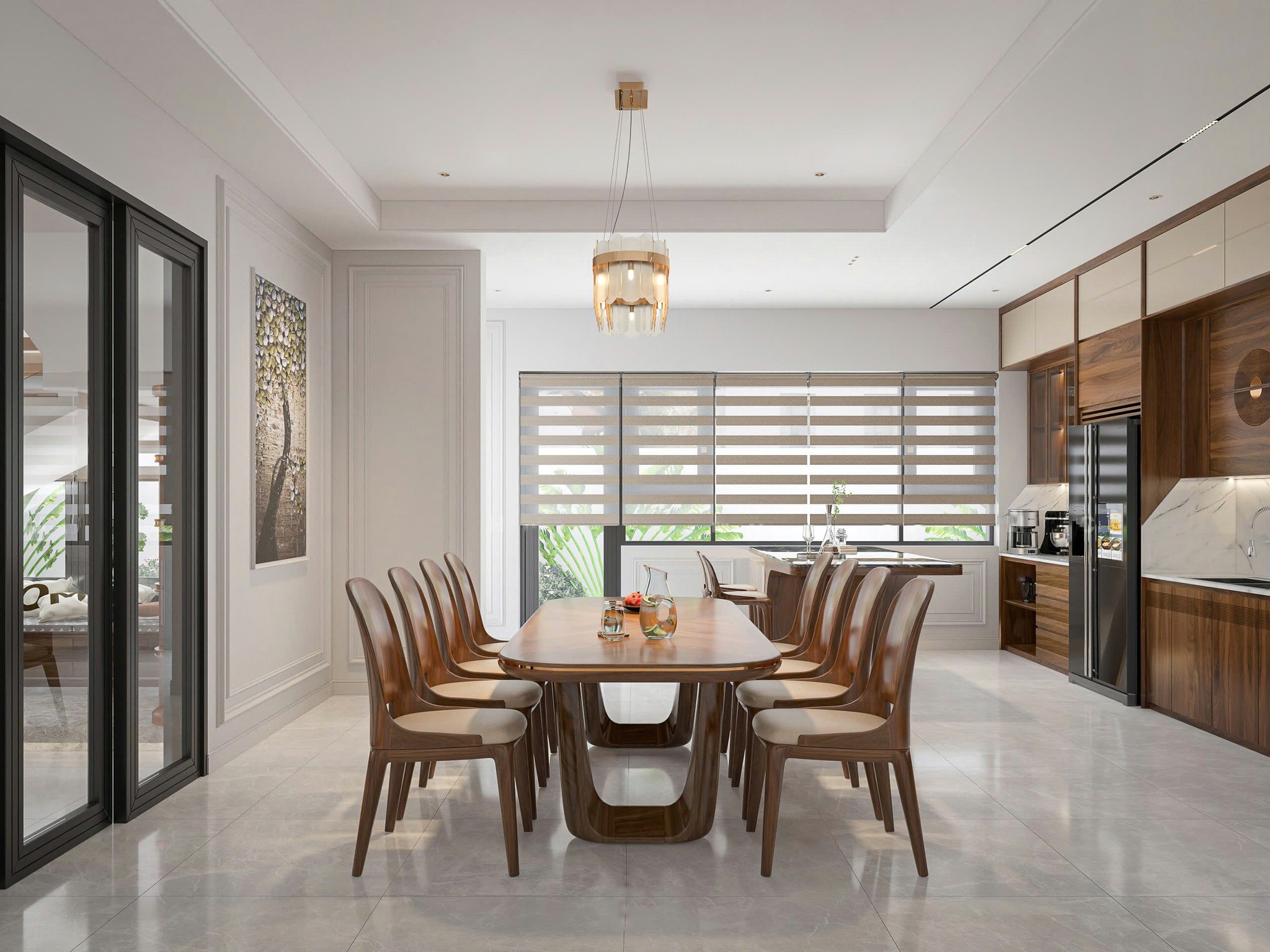 Bàn ăn phòng bếp gỗ tự nhiên màu nâu đậm với 8 ghế bọc da trắng kem