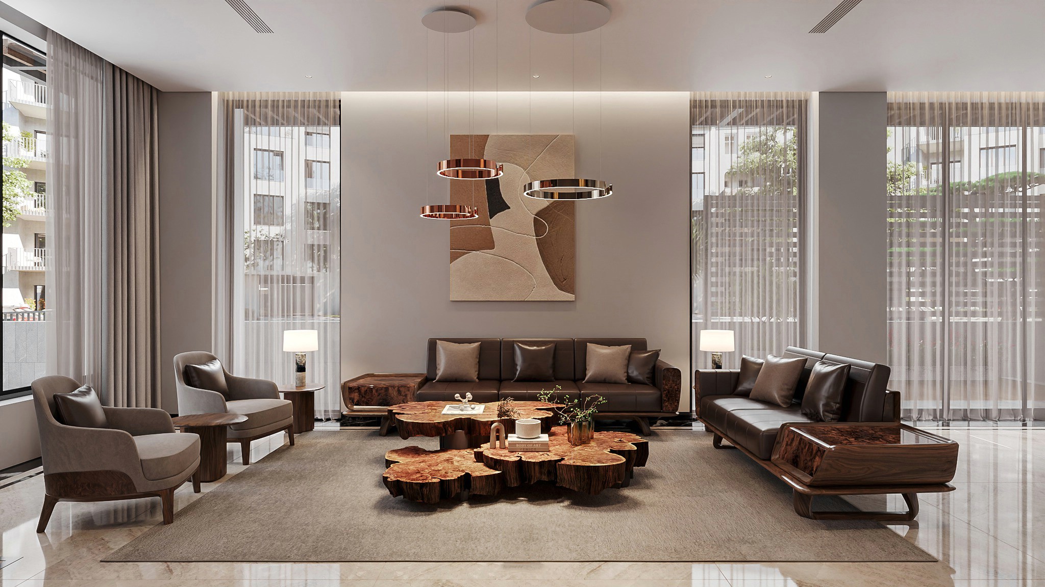 Bộ bàn ghế gỗ phòng khách đẹp bố cục chữ U với bàn trà gỗ nguyên tấm