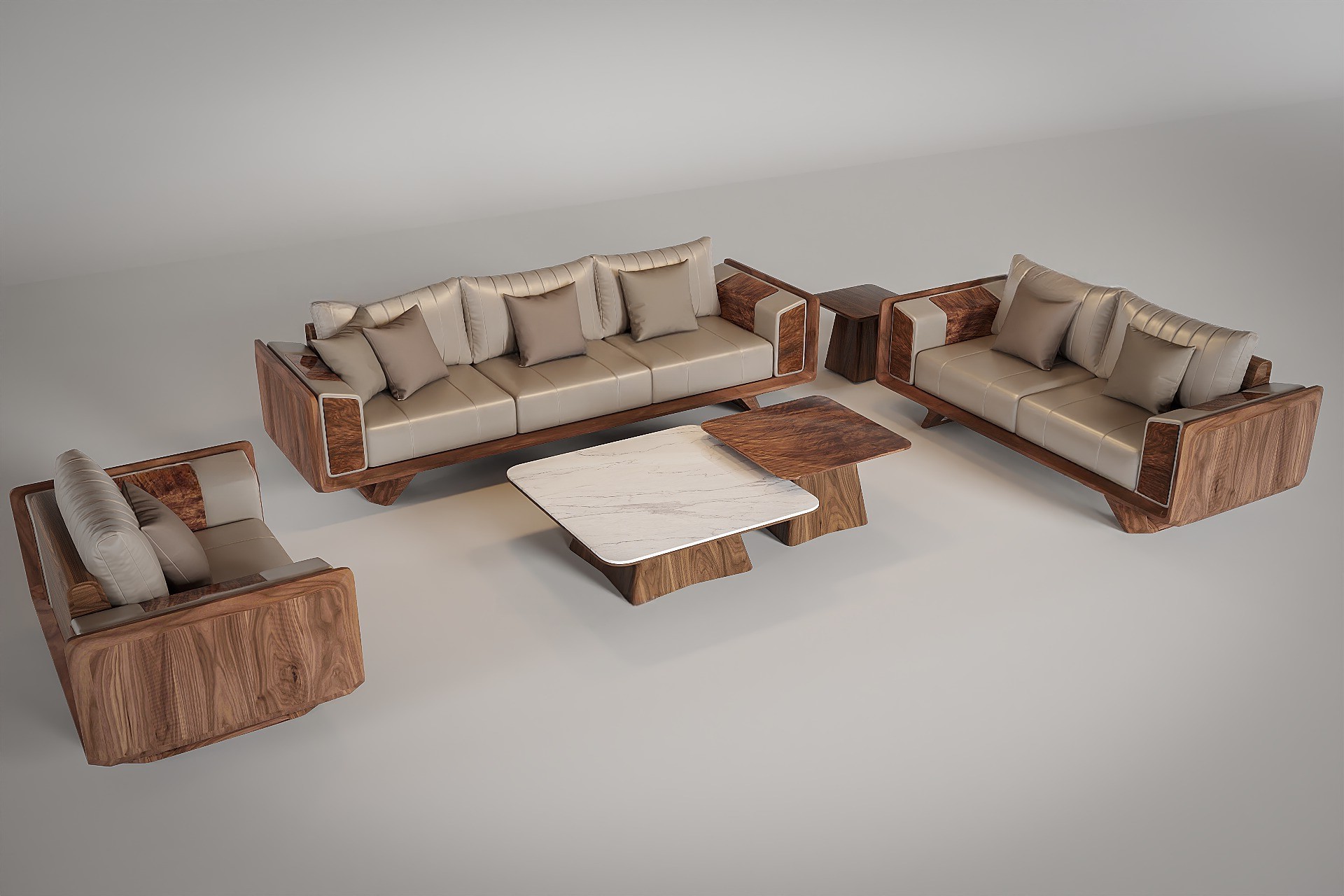 Bộ bàn ghế gỗ phòng khách hiện đại với đệm da ghi bạc và bàn trà hai tầng