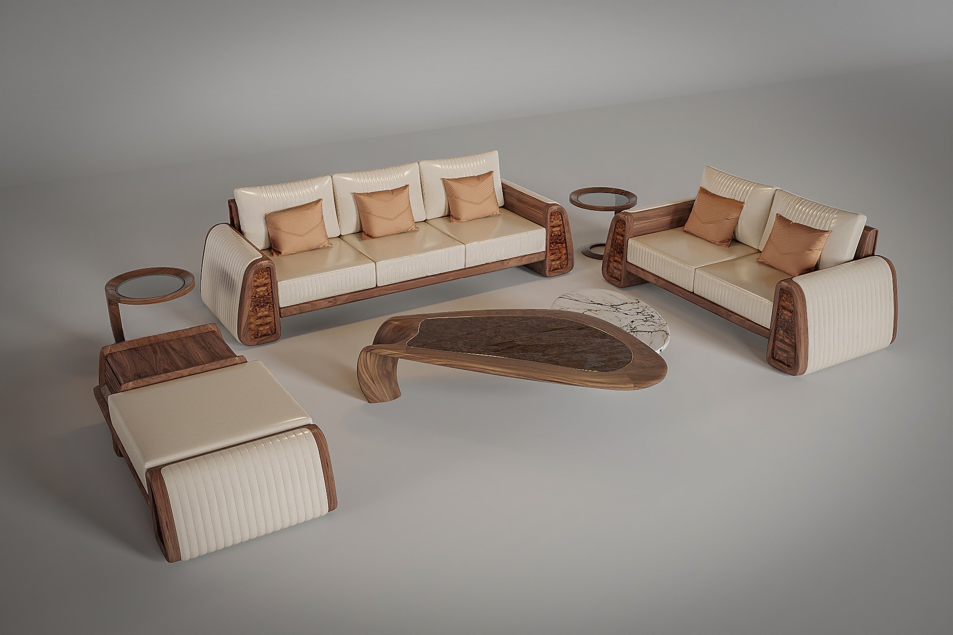 Bộ bàn ghế phòng khách đẹp với bàn trà 2 tầng đá marble trắng vân mây đen