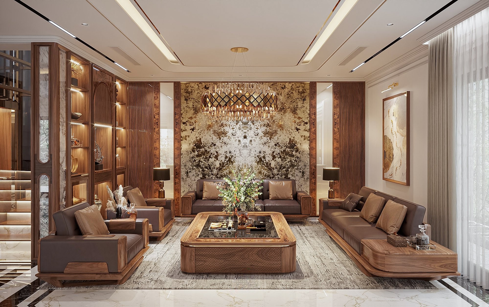 Bộ bàn ghế phòng khách gỗ dáng chữ U với ghế băng và ghế đơn bọc da màu nâu