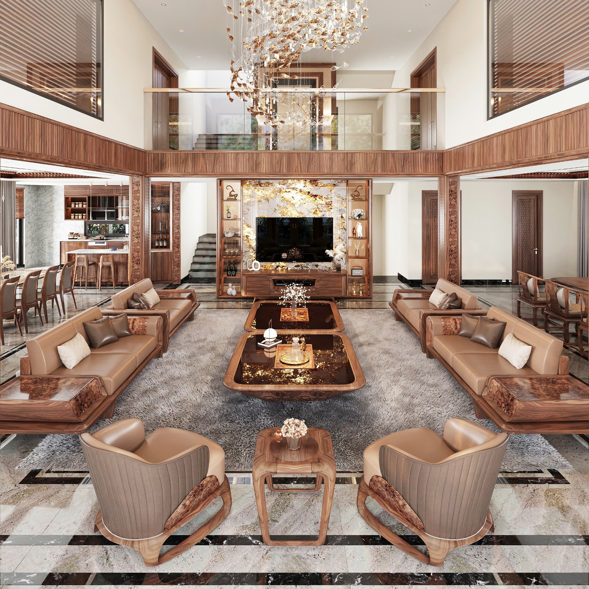 Bàn trà sofa mặt đá đen dáng tháp cụt úp ngược khung gỗ veneer nu