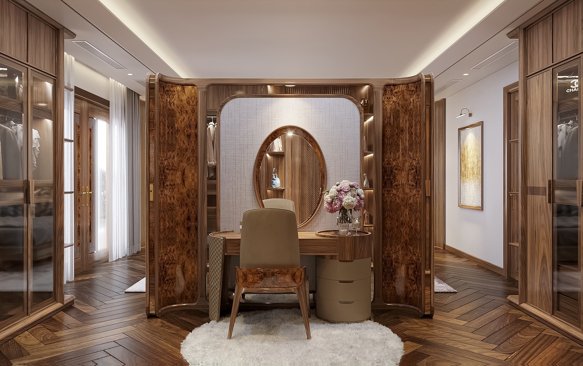 Bàn trang điểm bằng gỗ đẹp nhất với chân bo cong ốp da và gương oval viền veneer nu