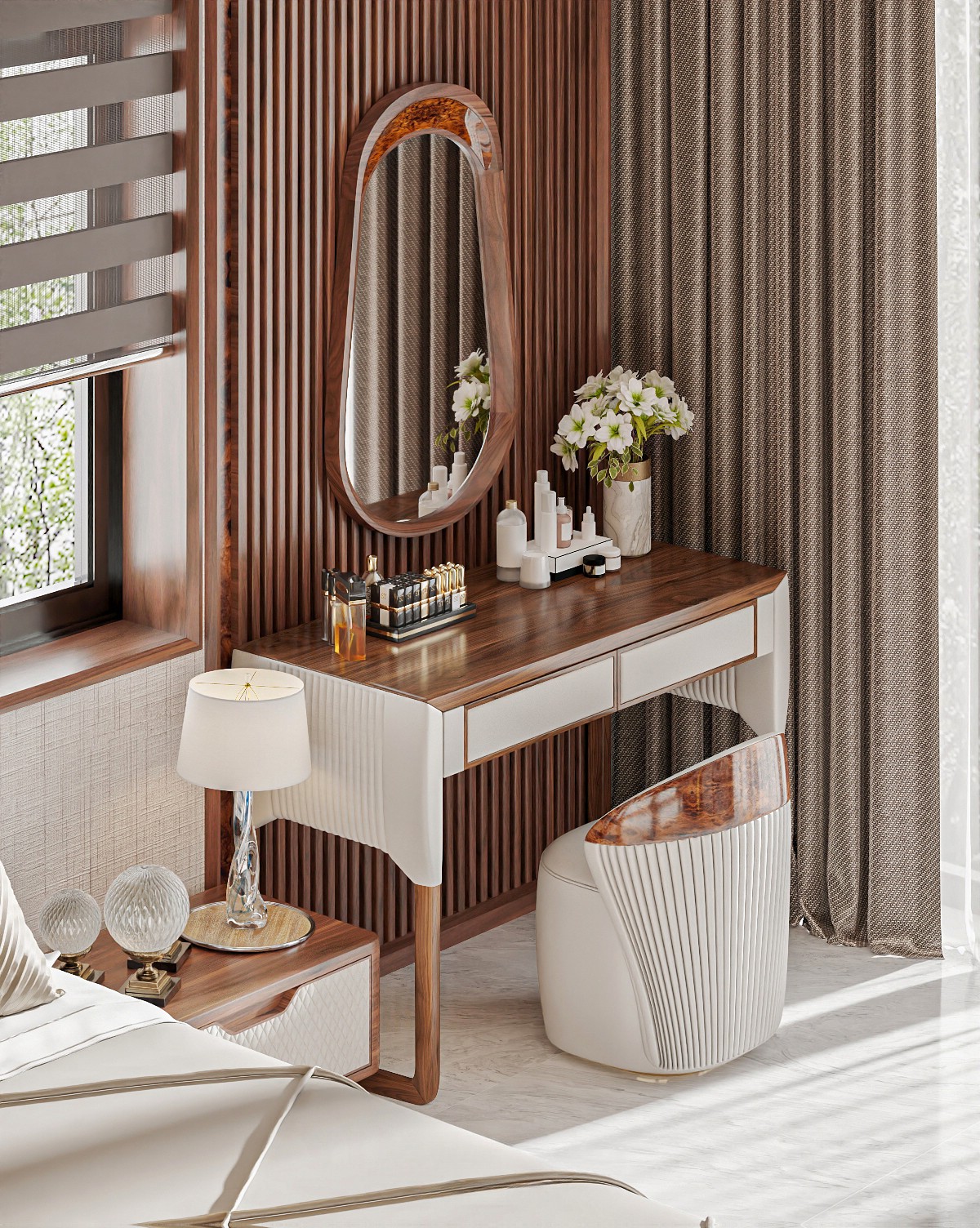 Bàn trang điểm gỗ cao cấp hình chữ nhật với chi tiết ốp da trắng ghi và gương oval viền veneer nu Bàn trang điểm gỗ cao cấp hình chữ nhật với chi tiết ốp da trắng ghi và gương oval viền veneer nu