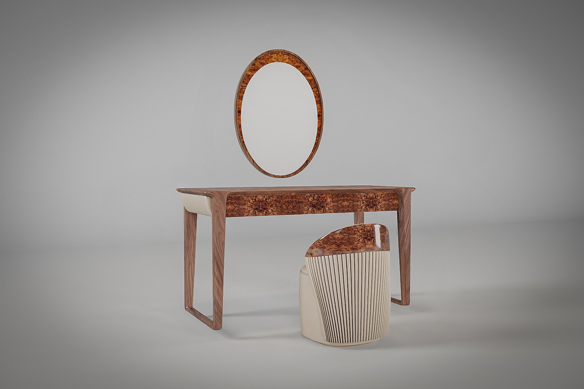 Bàn trang điểm gỗ tự nhiên hiện đại với ngăn kéo veneer nu và chi tiết ốp da be