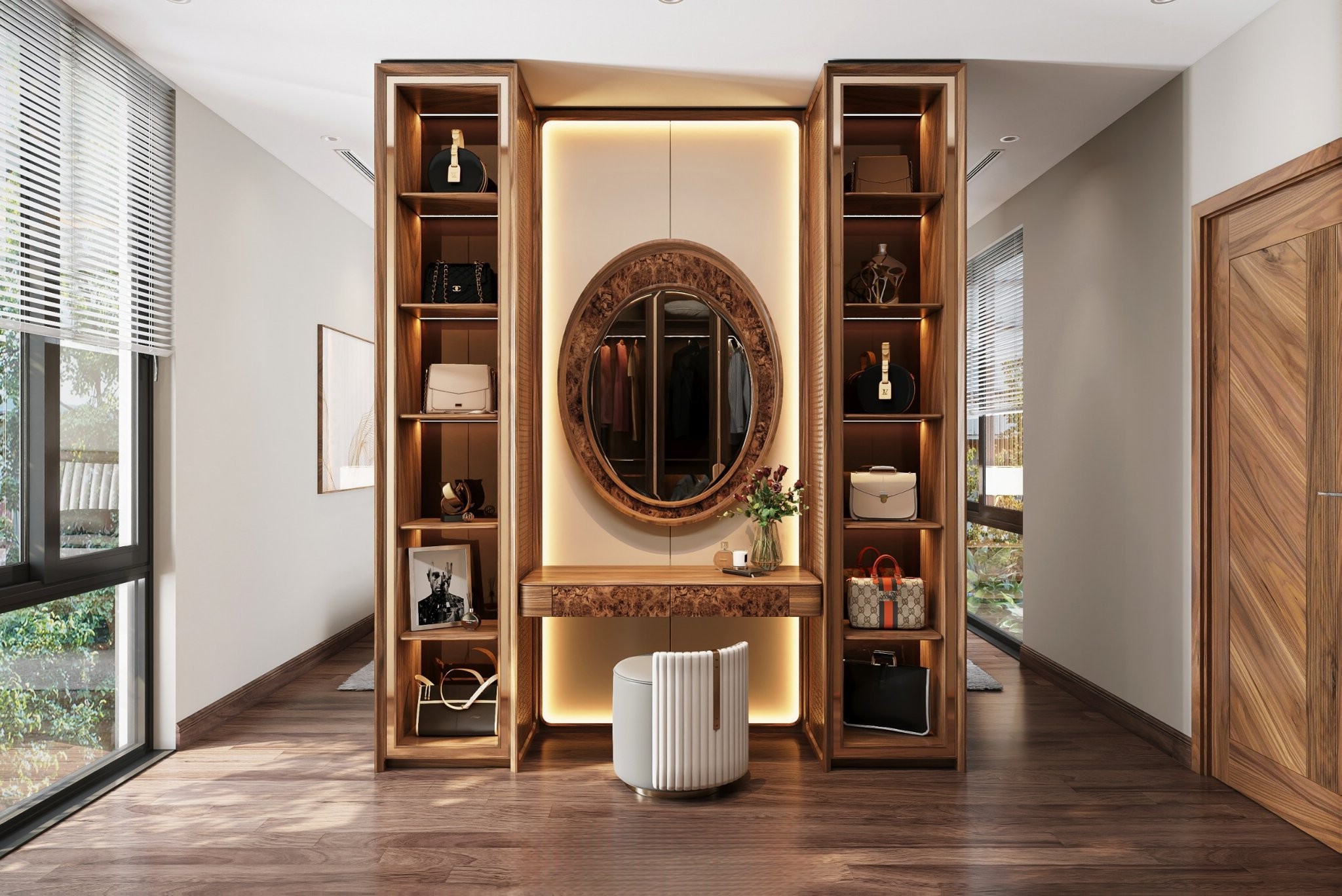 : Bàn trang điểm gắn tường gỗ veneer vân nu, gương bầu dục, ghế đôn bọc da