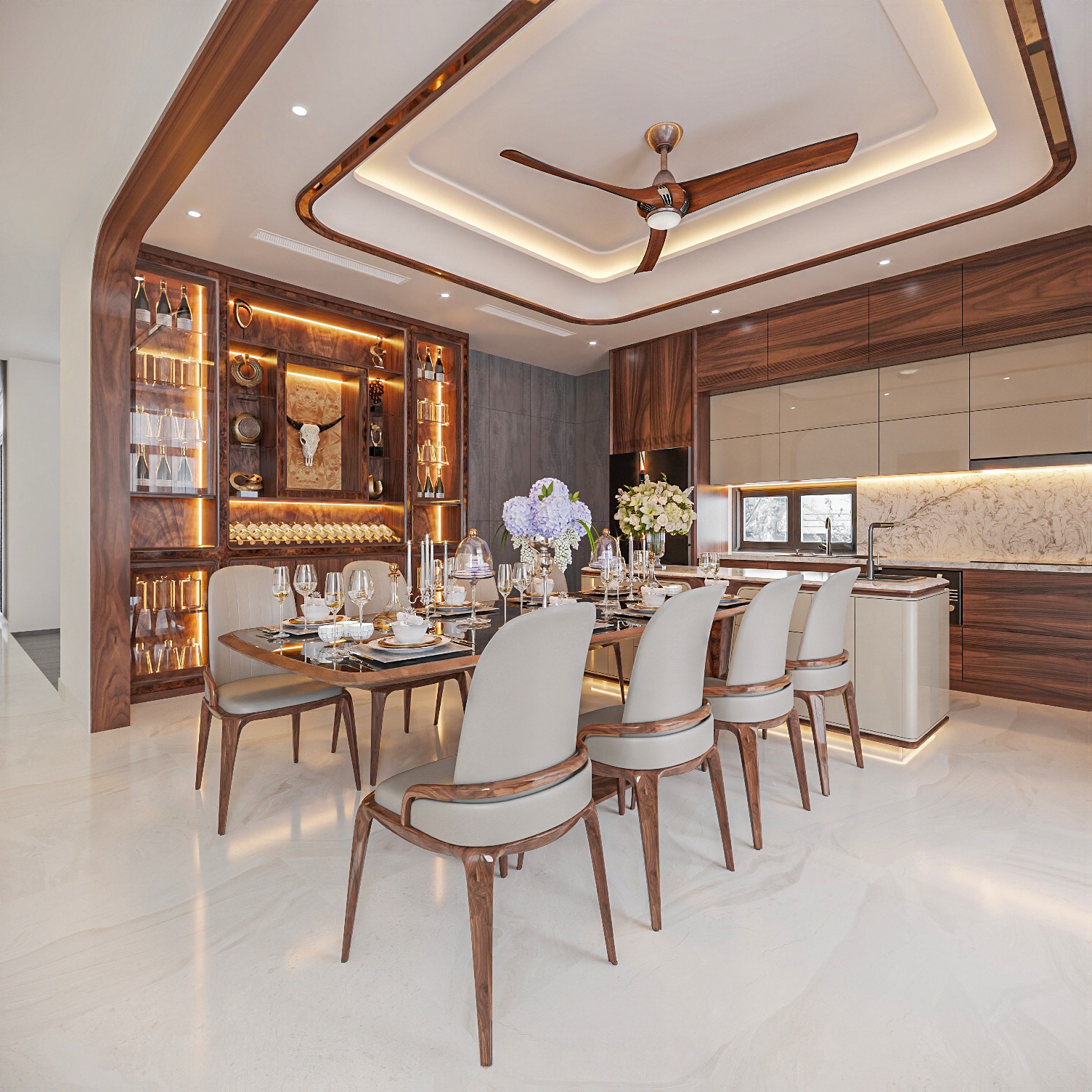 Tủ rượu gỗ óc chó sang trọng với thiết kế cao kịch trần