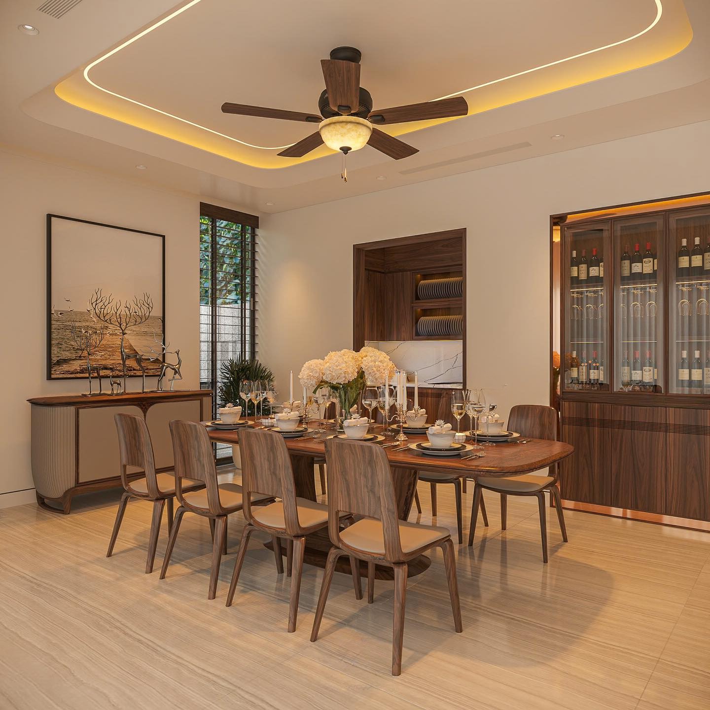 Bộ bàn ăn 8 ghế gỗ óc chó tối giản với ghế bọc da be hiện đại