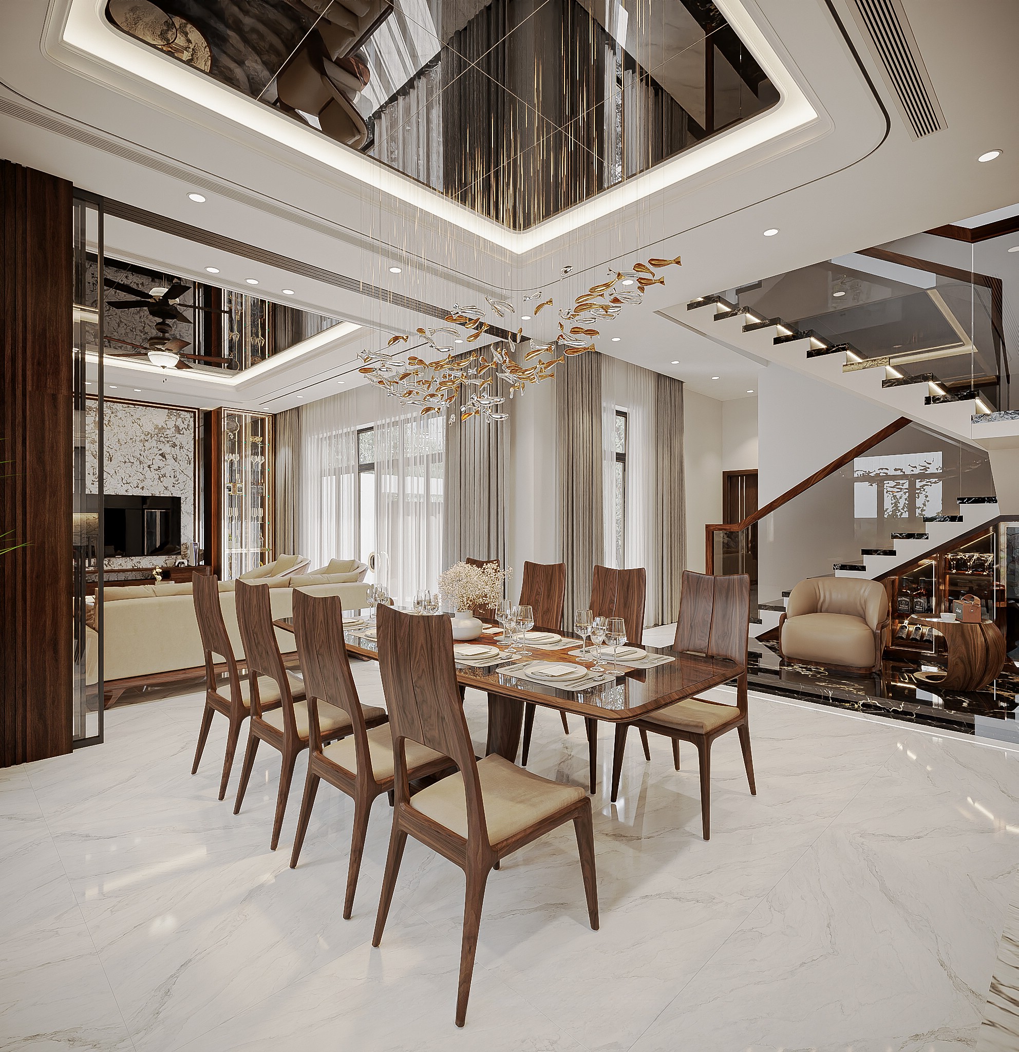 Bộ bàn ăn đẹp hiện đại với mặt bàn gỗ kính bo tròn và ghế gỗ tựa cong bọc da/nỉ