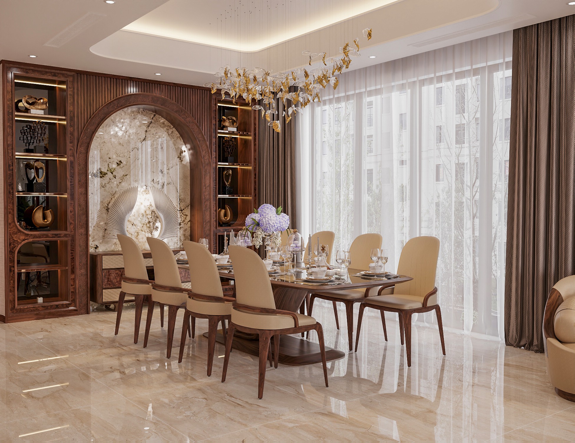 Bộ bàn ăn gỗ cao cấp 8 ghế mặt đá đen viền gỗ chân chữ Z