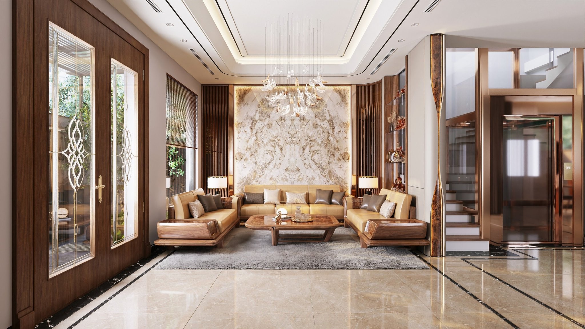 Bộ bàn ghế phòng khách đẹp gỗ tự nhiên với đệm da vàng đậm và bàn trà veneer nu