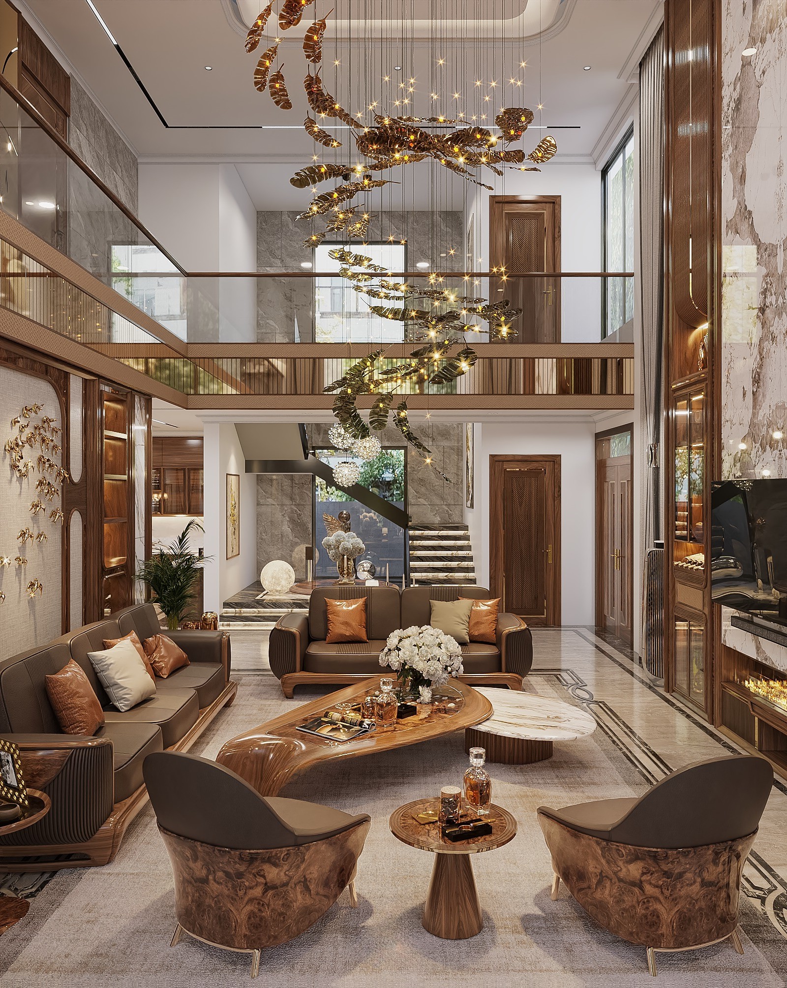 Bộ bàn ghế phòng khách gỗ tự nhiên sang trọng với bàn trà đá marble hiện đại