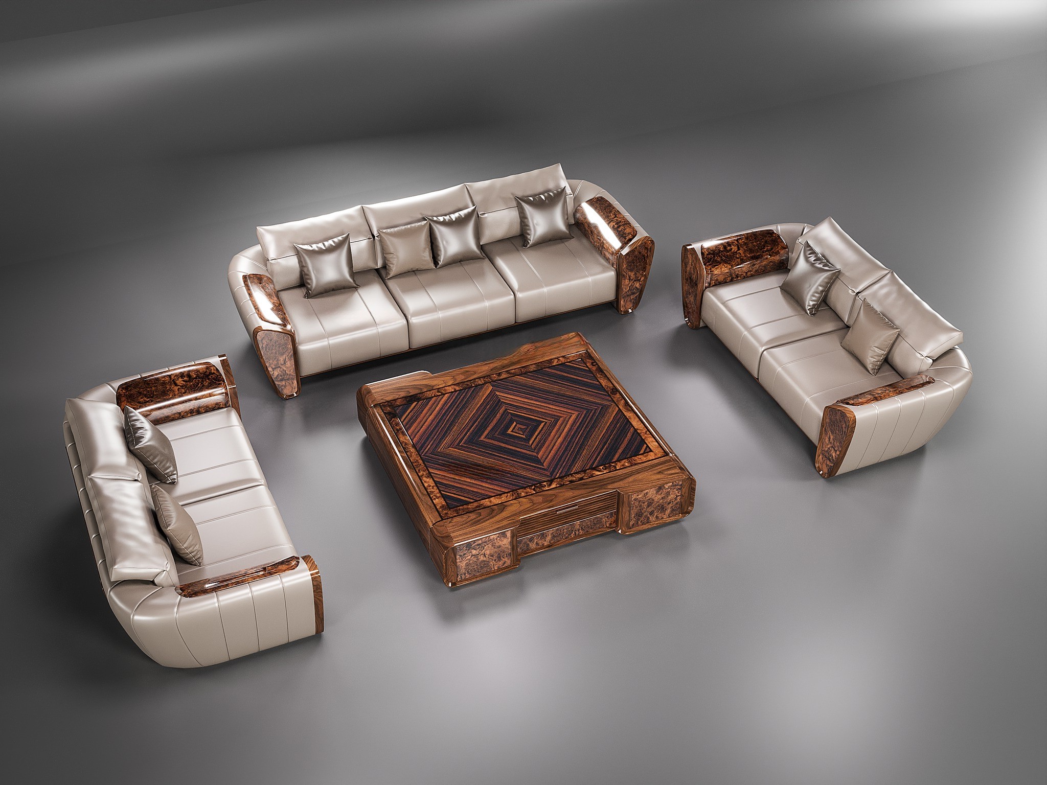 Bộ bàn ghế phòng khách hiện đại gỗ veneer nu và đệm da ghi bạc liền khối