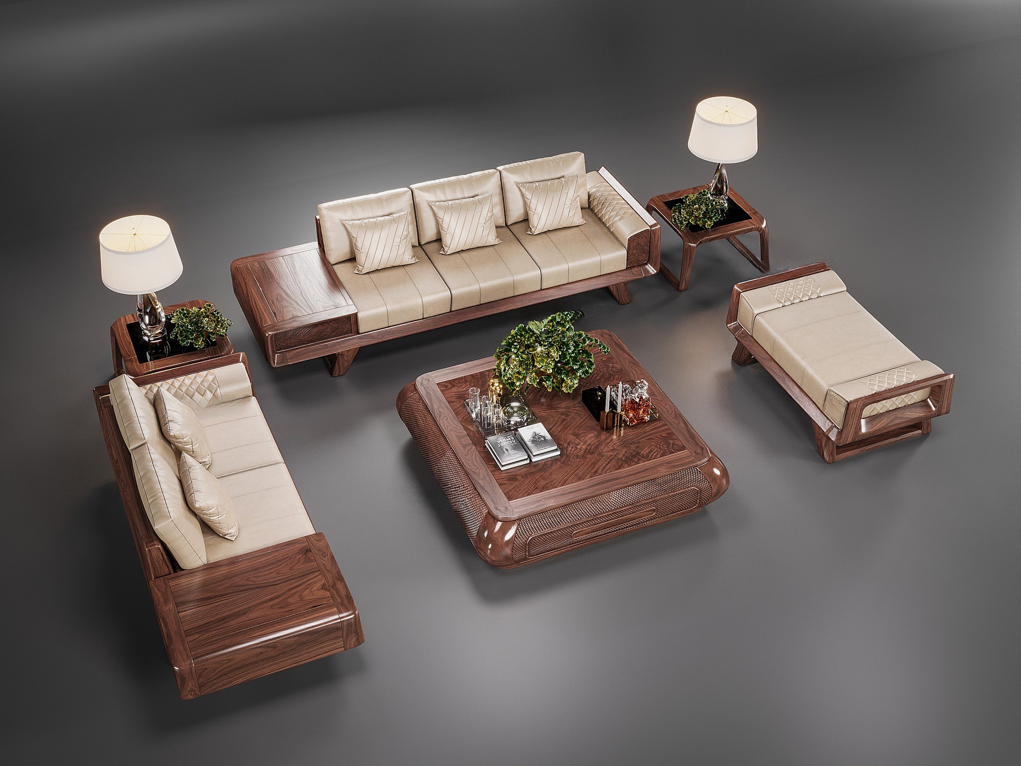 Bộ bàn ghế sofa gỗ phòng khách hiện đại với đệm da vàng kim và bàn trà CNC