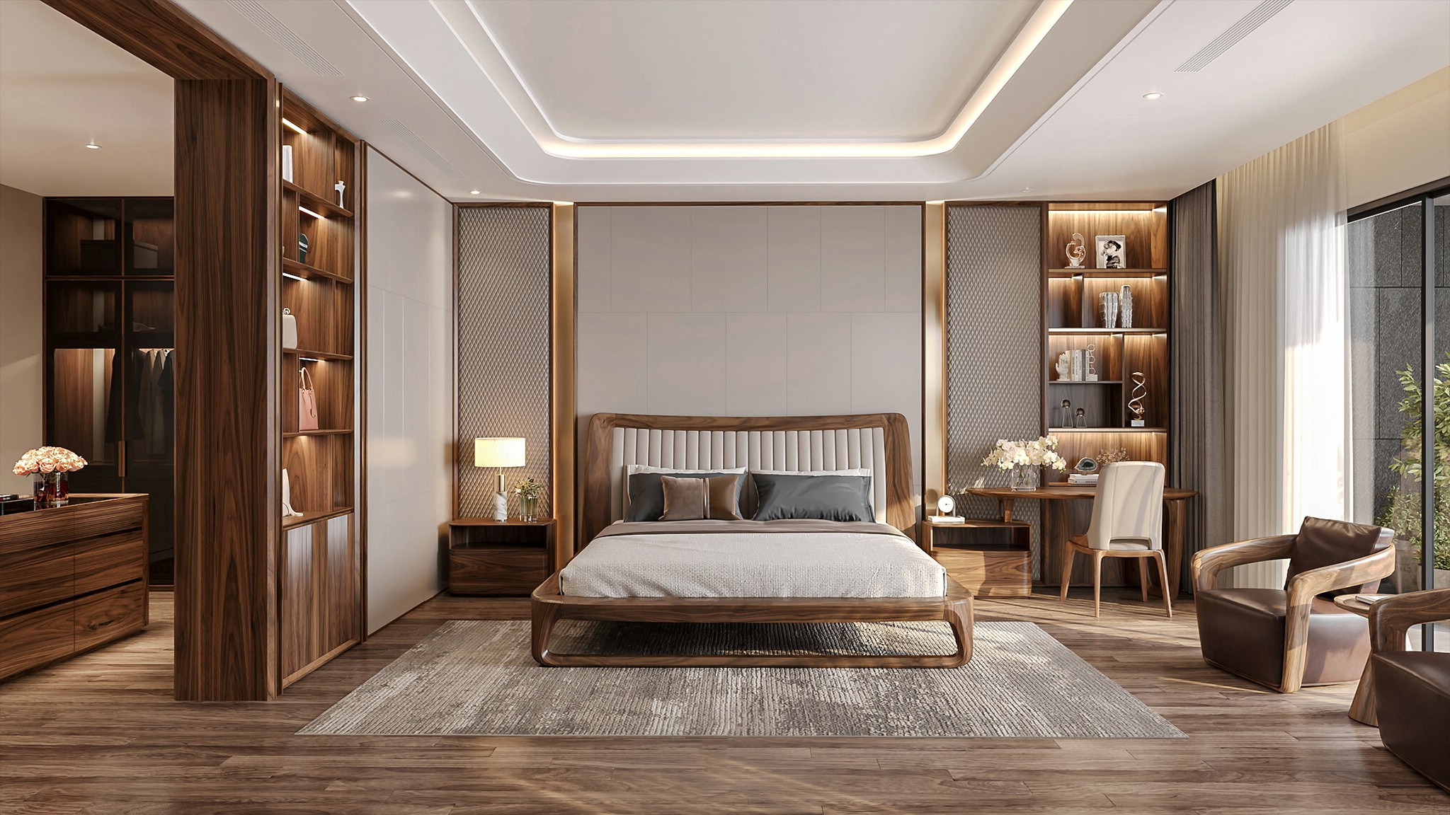Bộ phòng ngủ gỗ óc chó sang trọng tiện nghi
