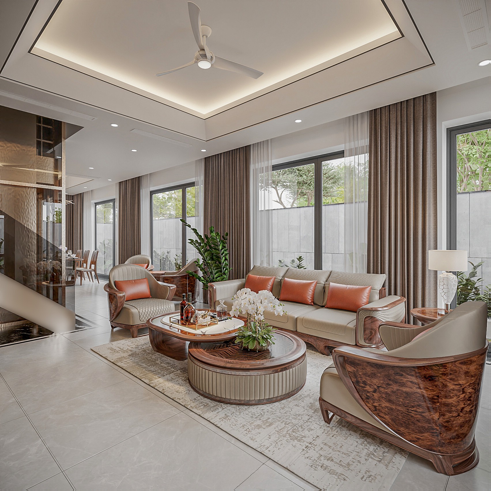 : Bộ sofa gỗ óc chó cao cấp với ghế băng da điều chỉnh tư thế và ghế đơn tròn độc đáo