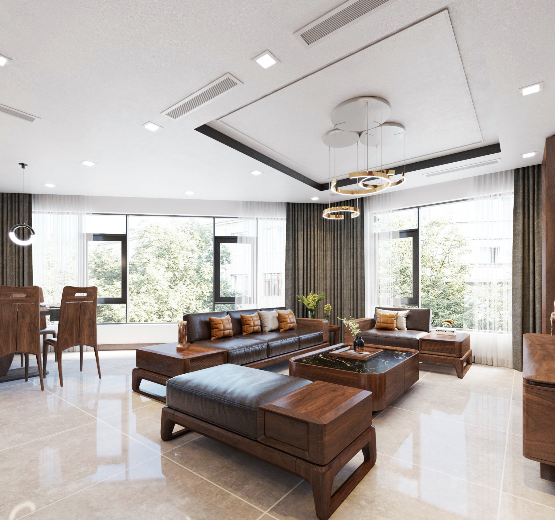 Bộ sofa gỗ phòng khách hiện đại với bàn trà mặt đá marble