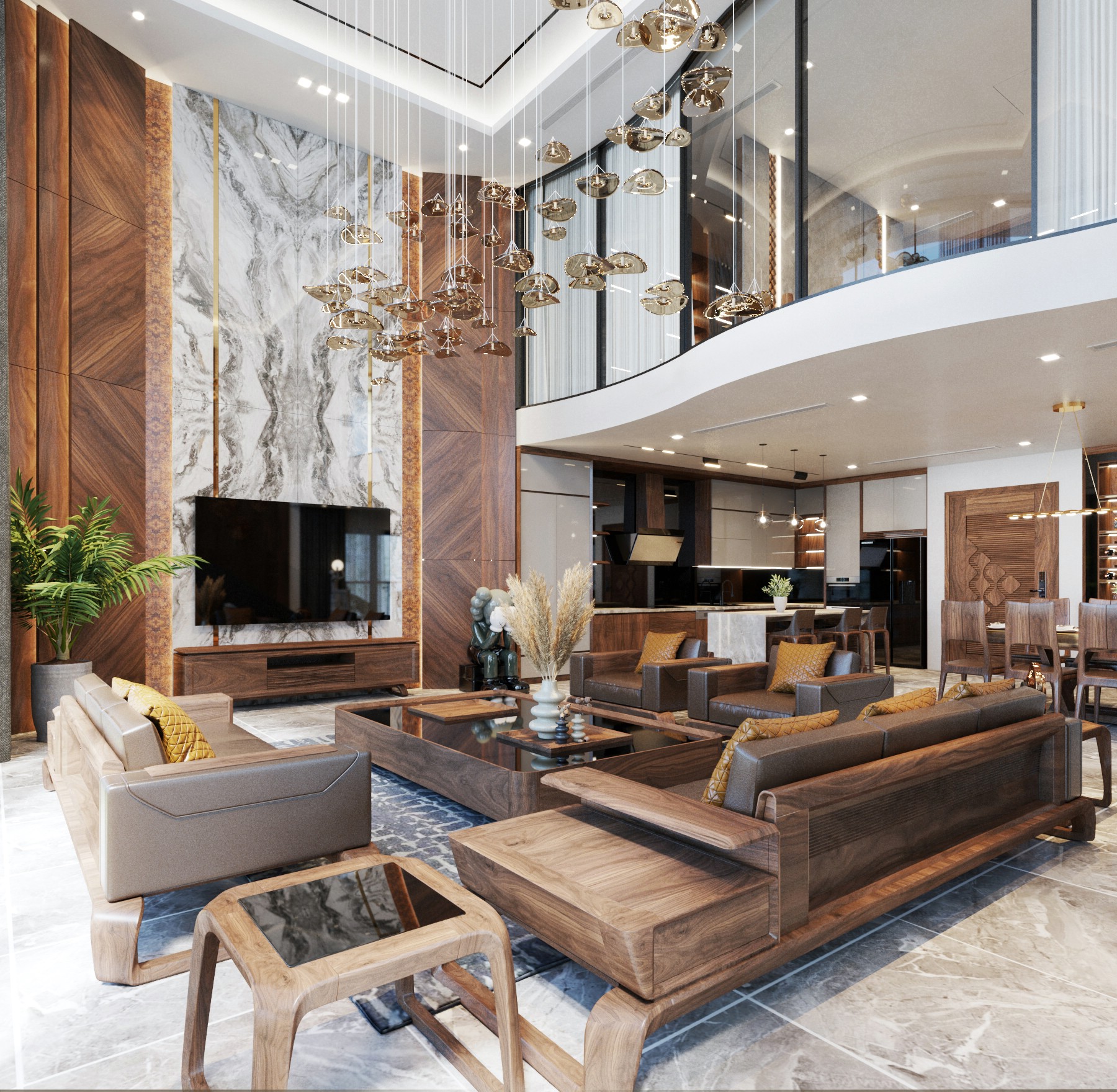 Bộ sofa gỗ óc chó đệm da đen với bàn trà mặt kính gỗ hiện đại