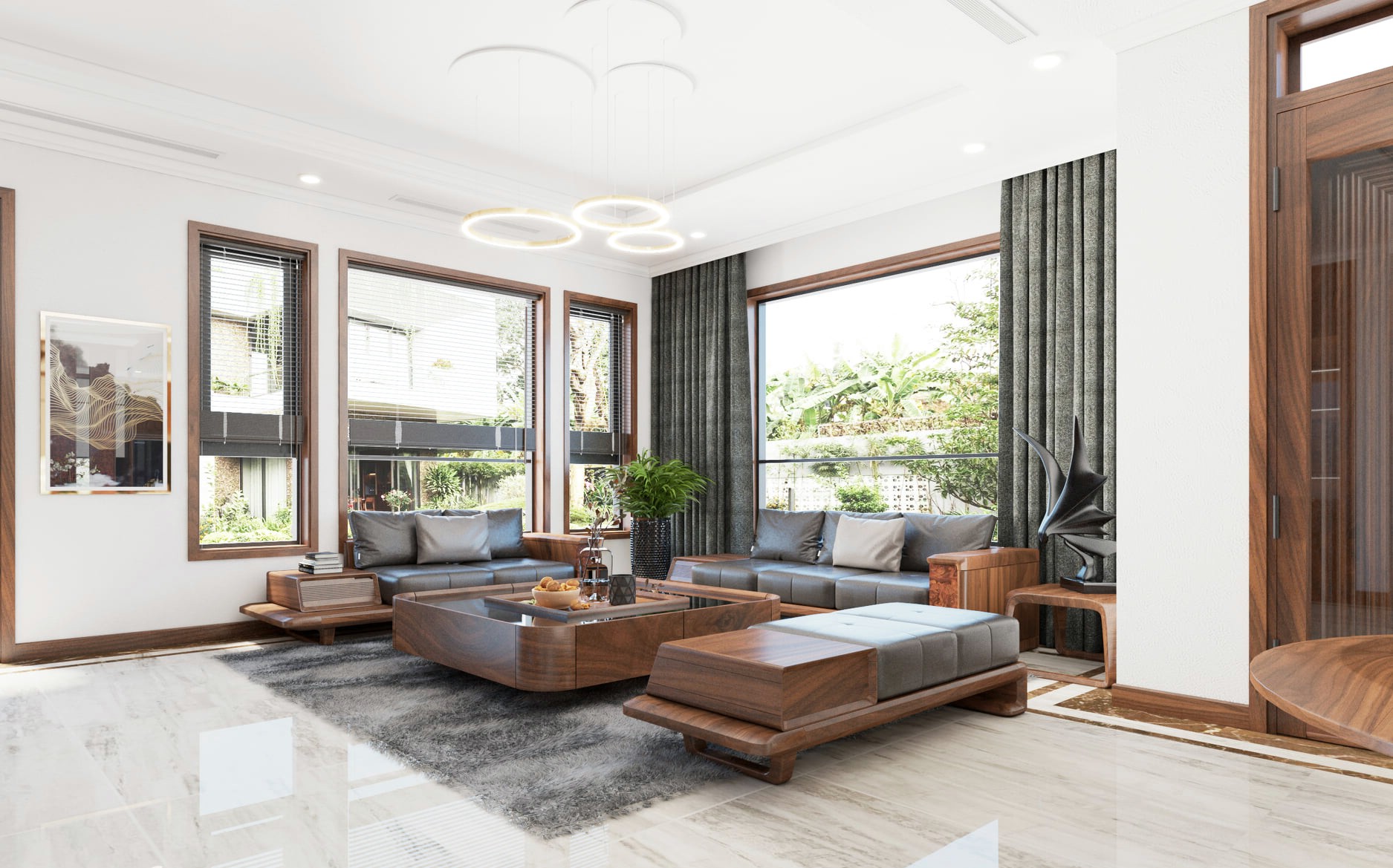 Các mẫu bàn ghế gỗ phòng khách hiện đại bằng gỗ óc chó với đệm da PU màu đen