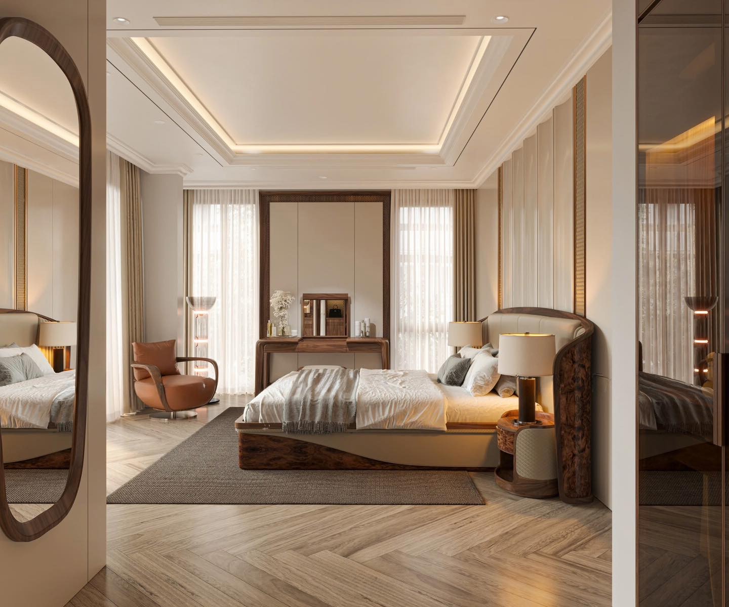 Giá giường ngủ hiện đại thiết kế hộp chữ nhật bọc da be ghi và gỗ veneer nu