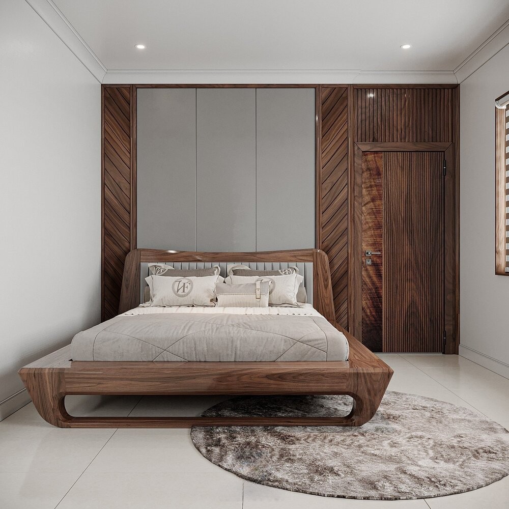 Giường gỗ hiện đại khung hộp chữ nhật với tựa đầu bọc da màu ghi đá