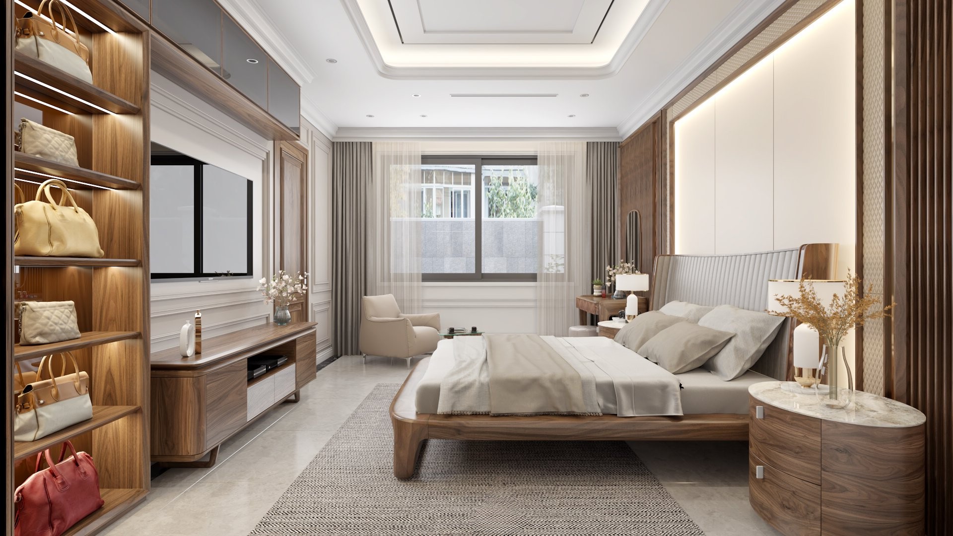 Giường gỗ óc chó cao cấp hiện đại