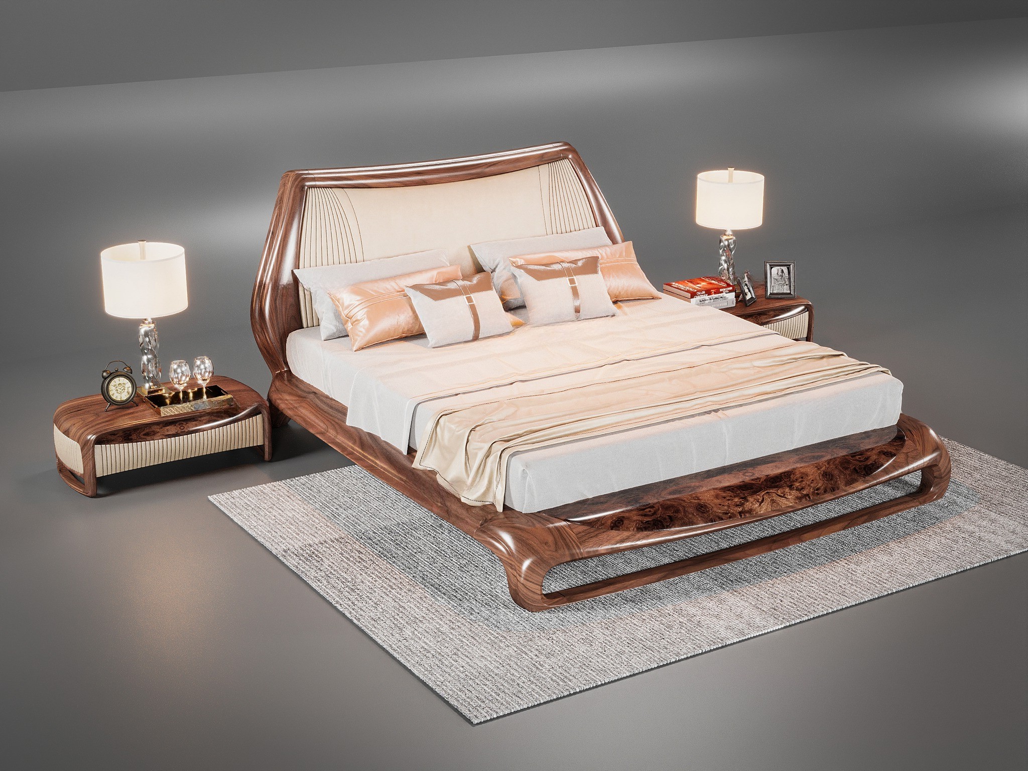 Giường gỗ tự nhiên hiện đại với khung veneer nu và tựa đầu bọc da trắng be