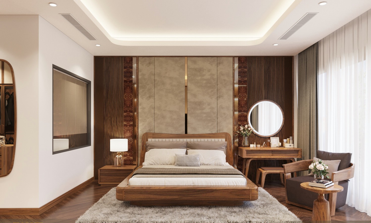 : Giường gỗ tự nhiên chân ẩn, đầu giường bọc nệm kẻ dọc, khung CNC bo tròn