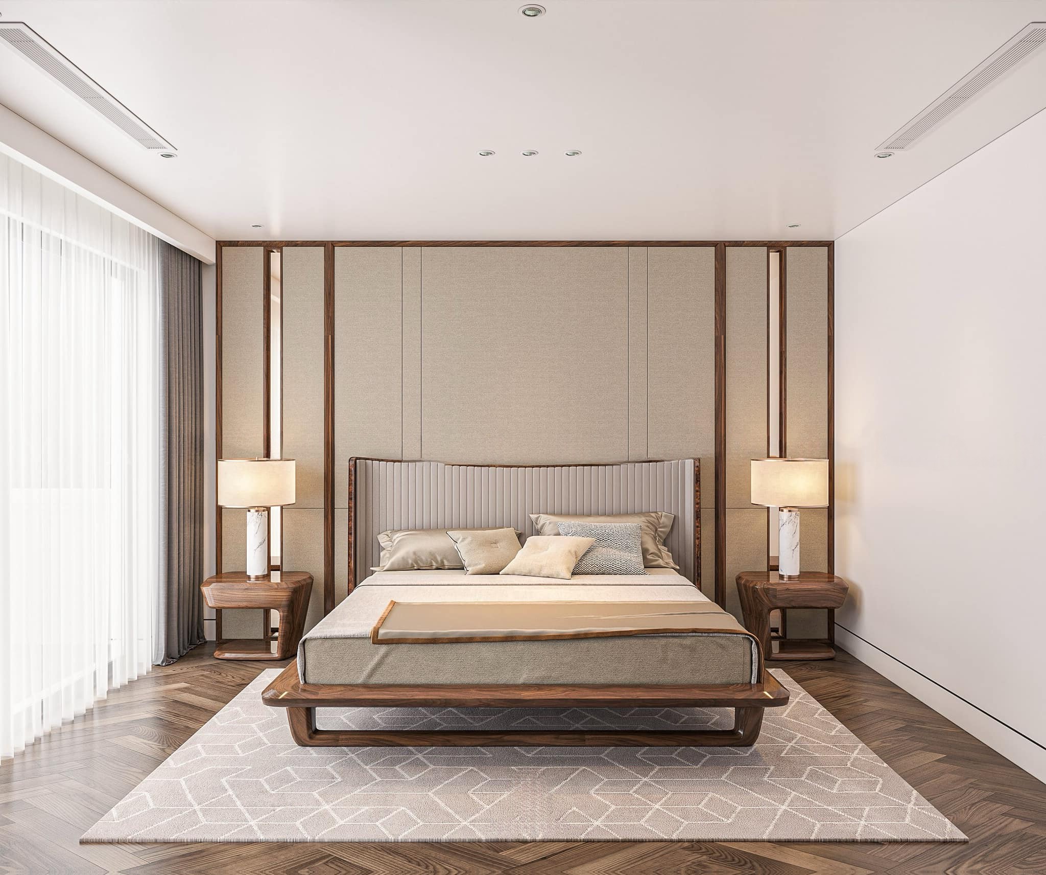 Giường ngủ 1m6 x 2m với đầu giường veneer nu, bọc nỉ hoặc da kẻ sọc, khung gỗ óc chó hoặc gỗ sồi tự nhiên