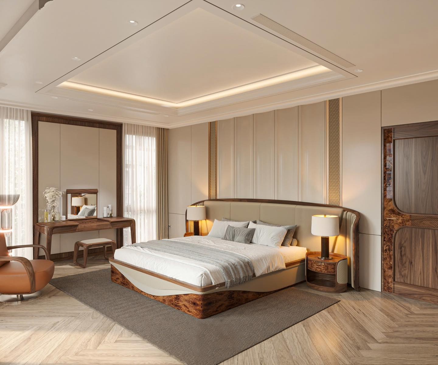 Giường ngủ đẹp hiện đại với khung veneer nu và tựa đầu vòm cung bọc da tinh tế