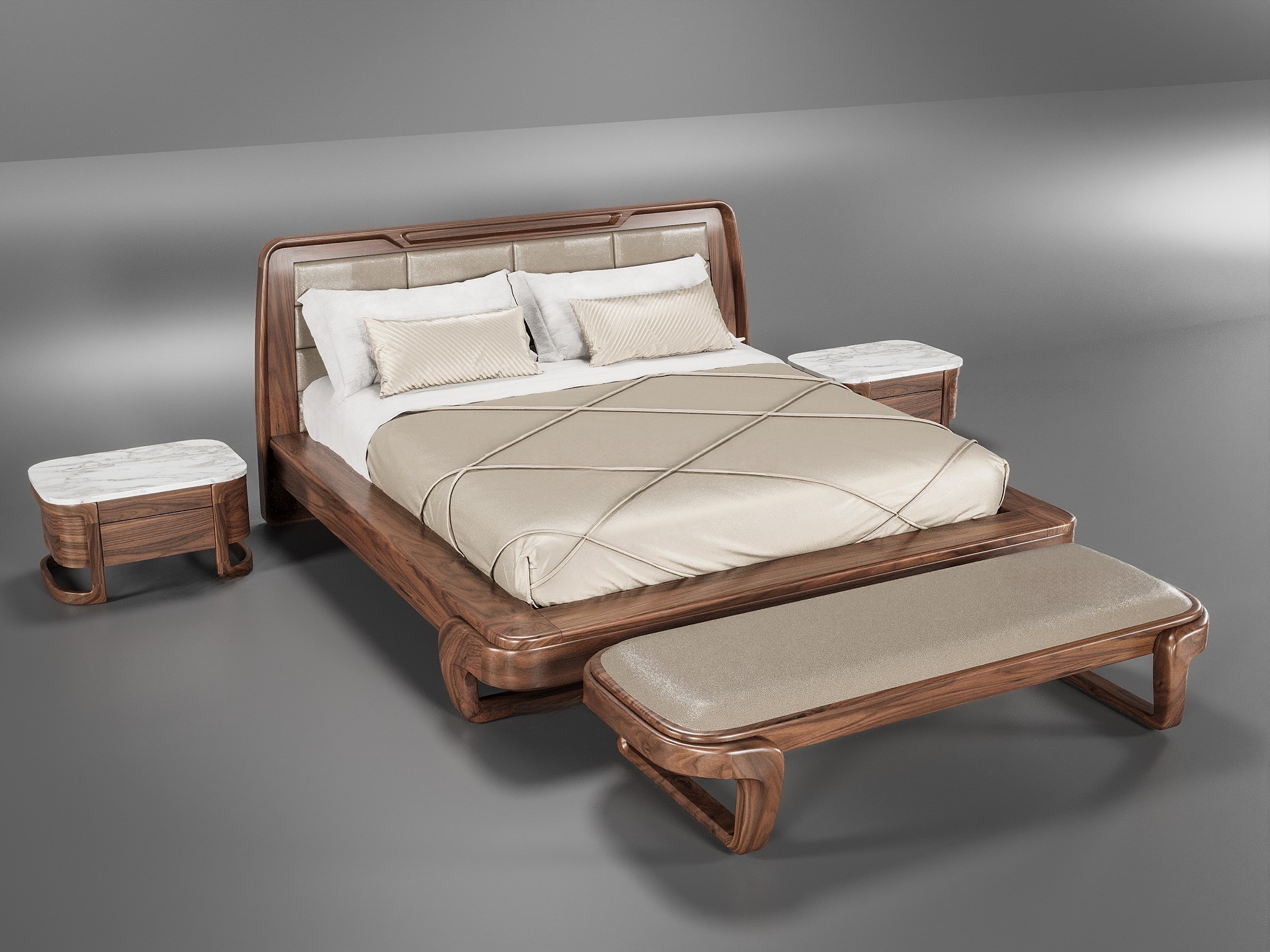 Giường ngủ gỗ cao cấp hiện đại với chân chữ U cong và tựa bọc da ánh kim