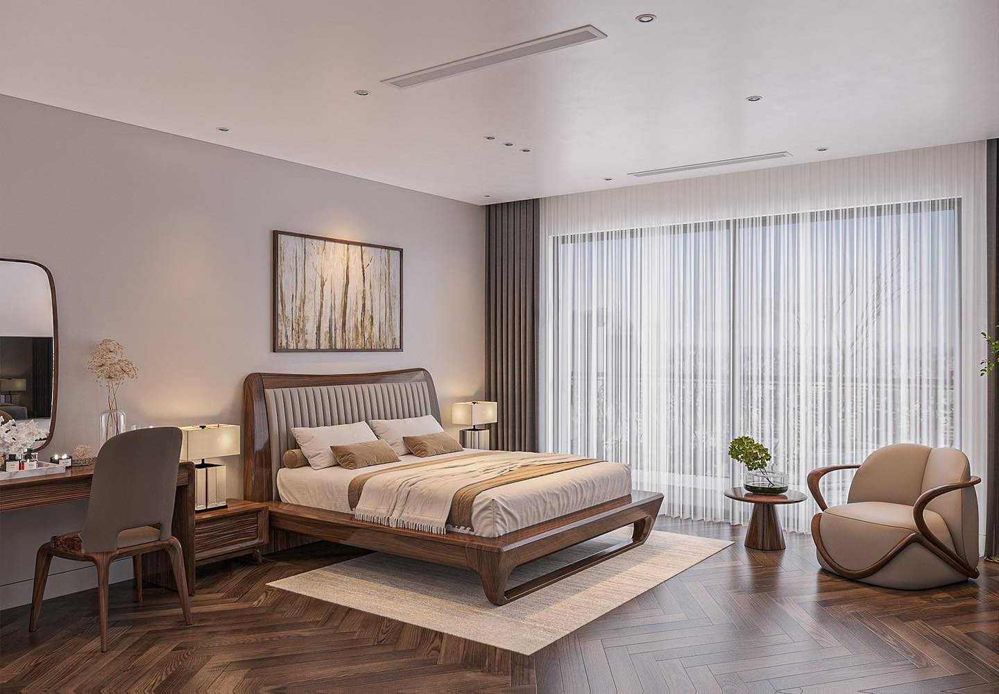 Giường ngủ gỗ tự nhiên dáng chữ nhật khung liền khối với tựa đầu bọc da ghi xám và tab CNC