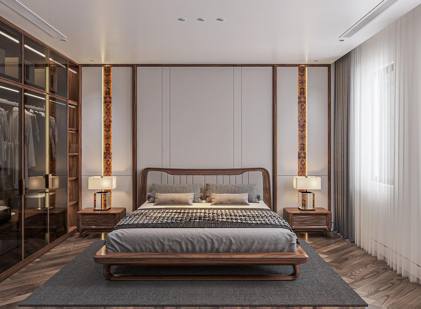 Giường ngủ gỗ tự nhiên dáng chữ nhật bo cong cạnh và tựa đầu nệm da ghi xám