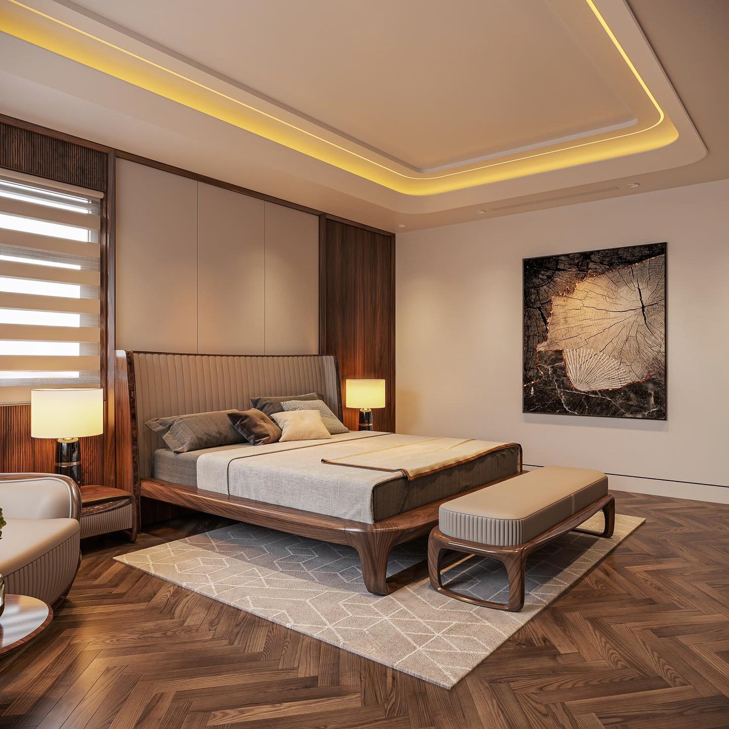 Giường ngủ hiện đại cao cấp với khung gỗ óc chó phủ bóng 2K và đầu giường bọc da