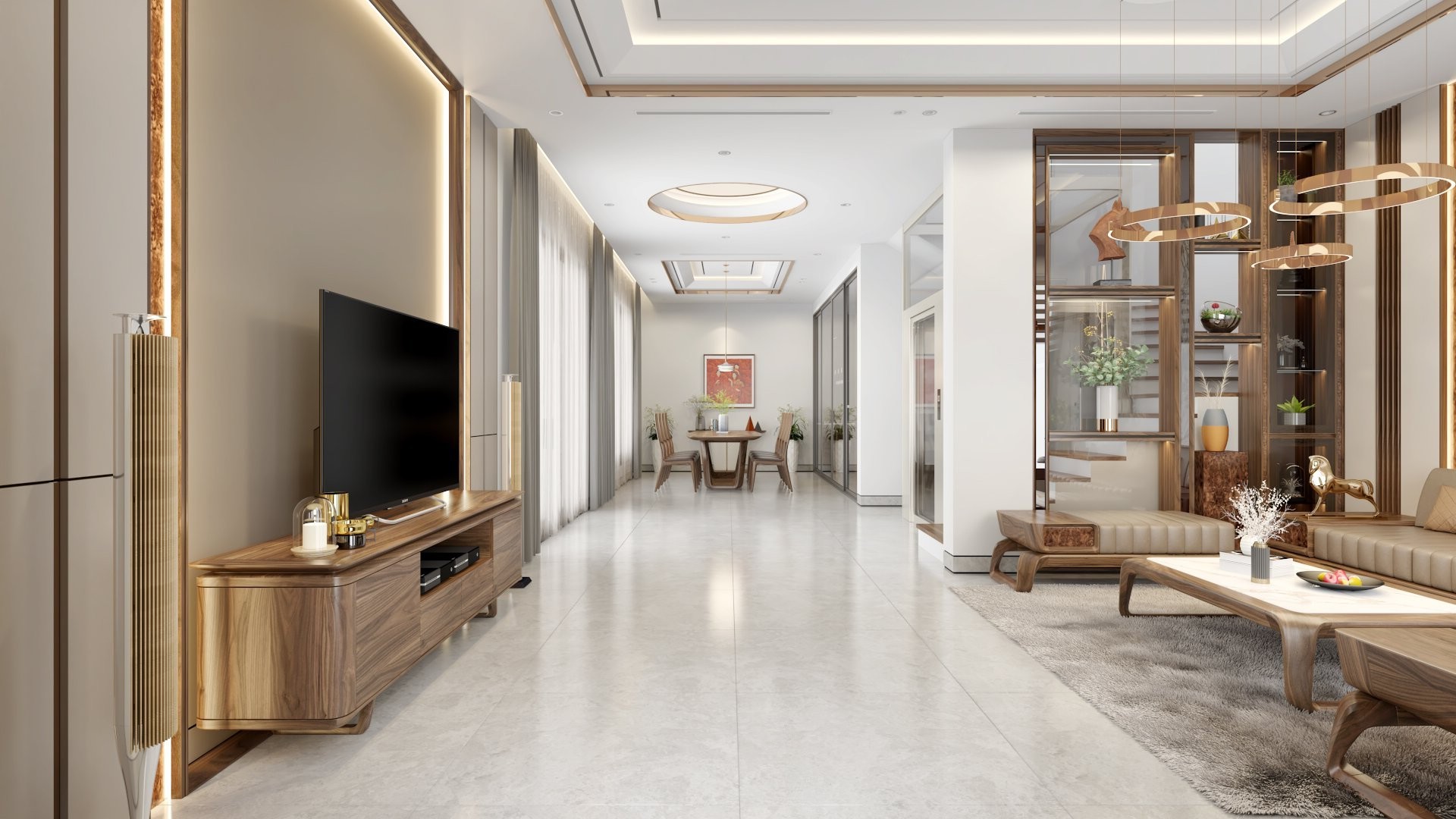 Kệ tivi cao cấp dáng hộp chữ nhật gỗ óc chó bo tròn cạnh sang trọng