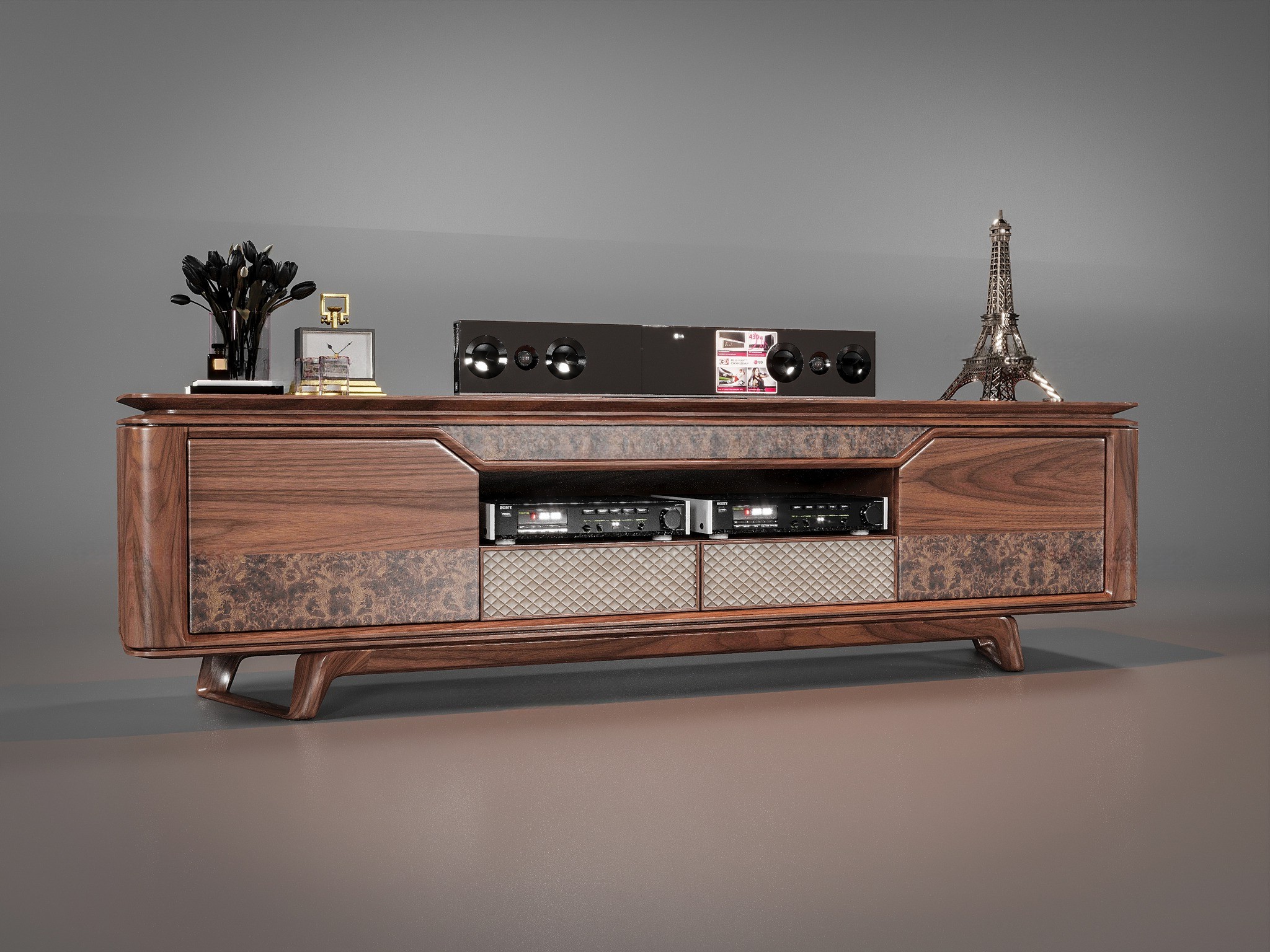 Kệ tivi đẹp hiện đại bằng gỗ tự nhiên ốp veneer nu và bọc da ghi bạc