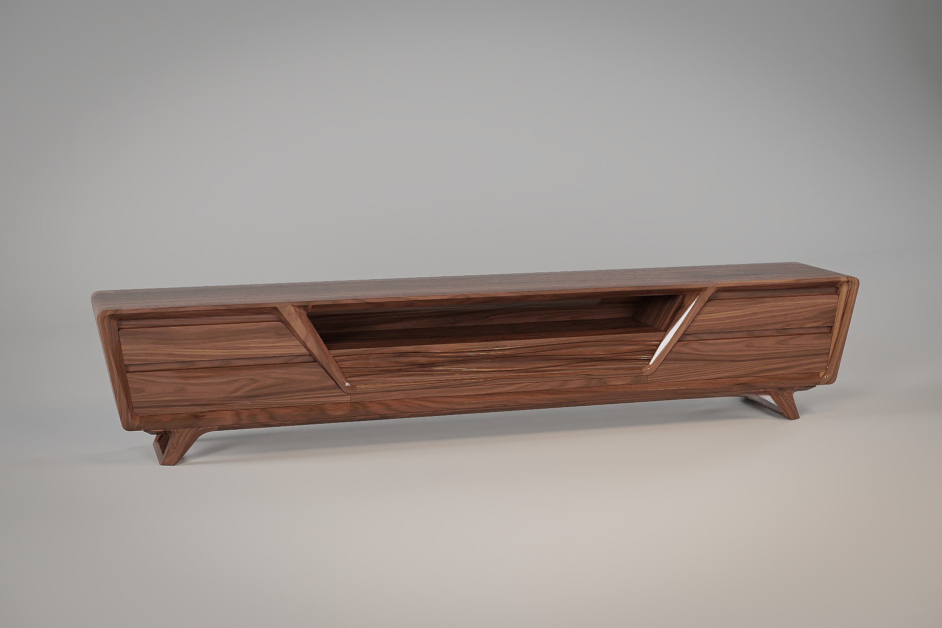 Kệ tivi đơn giản mà đẹp bằng gỗ tự nhiên dáng hình thang với mặt CNC sóng nước