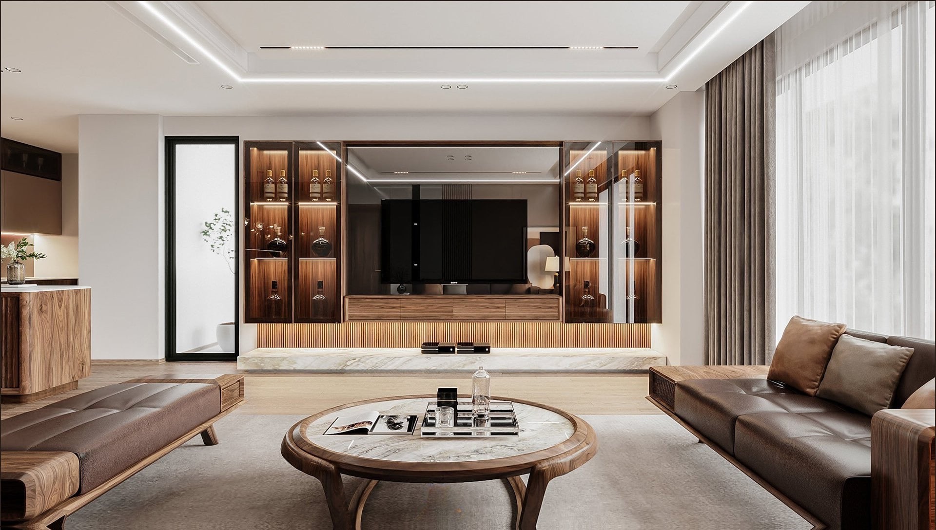 Kệ tivi đơn giản treo tường kết hợp tủ rượu kính phòng khách