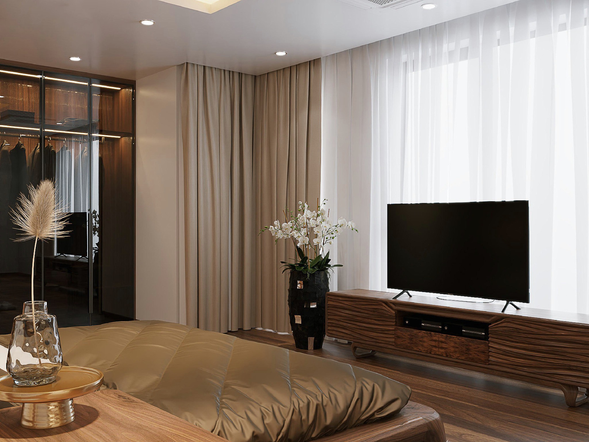 Kệ tivi gỗ tự nhiên cao cấp dáng thấp chân chữ U liền khối và ngăn CNC sóng nước