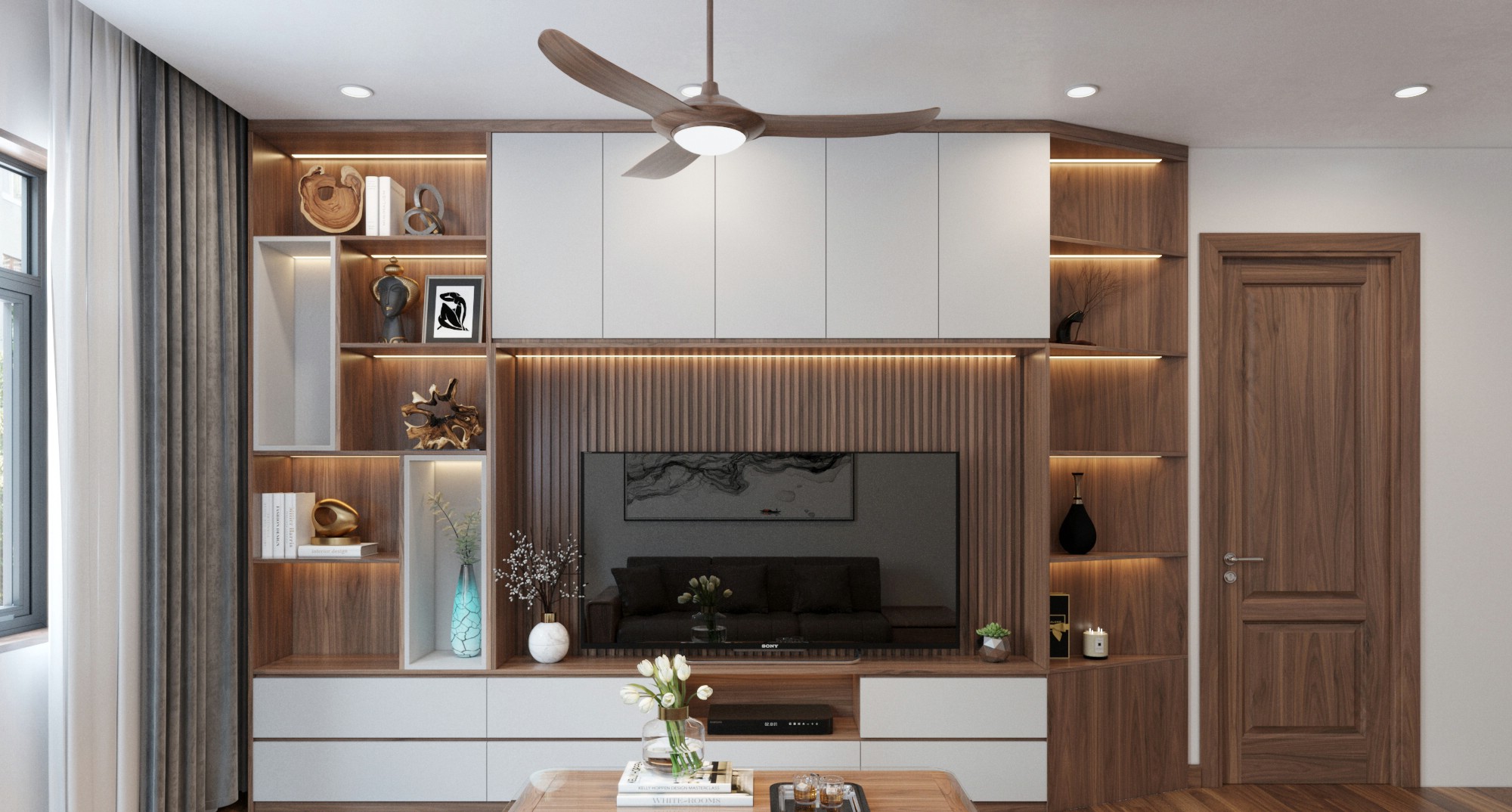 Kệ tivi hiện đại đẹp bằng gỗ công nghiệp acrylic trắng với lam sóng và đèn led