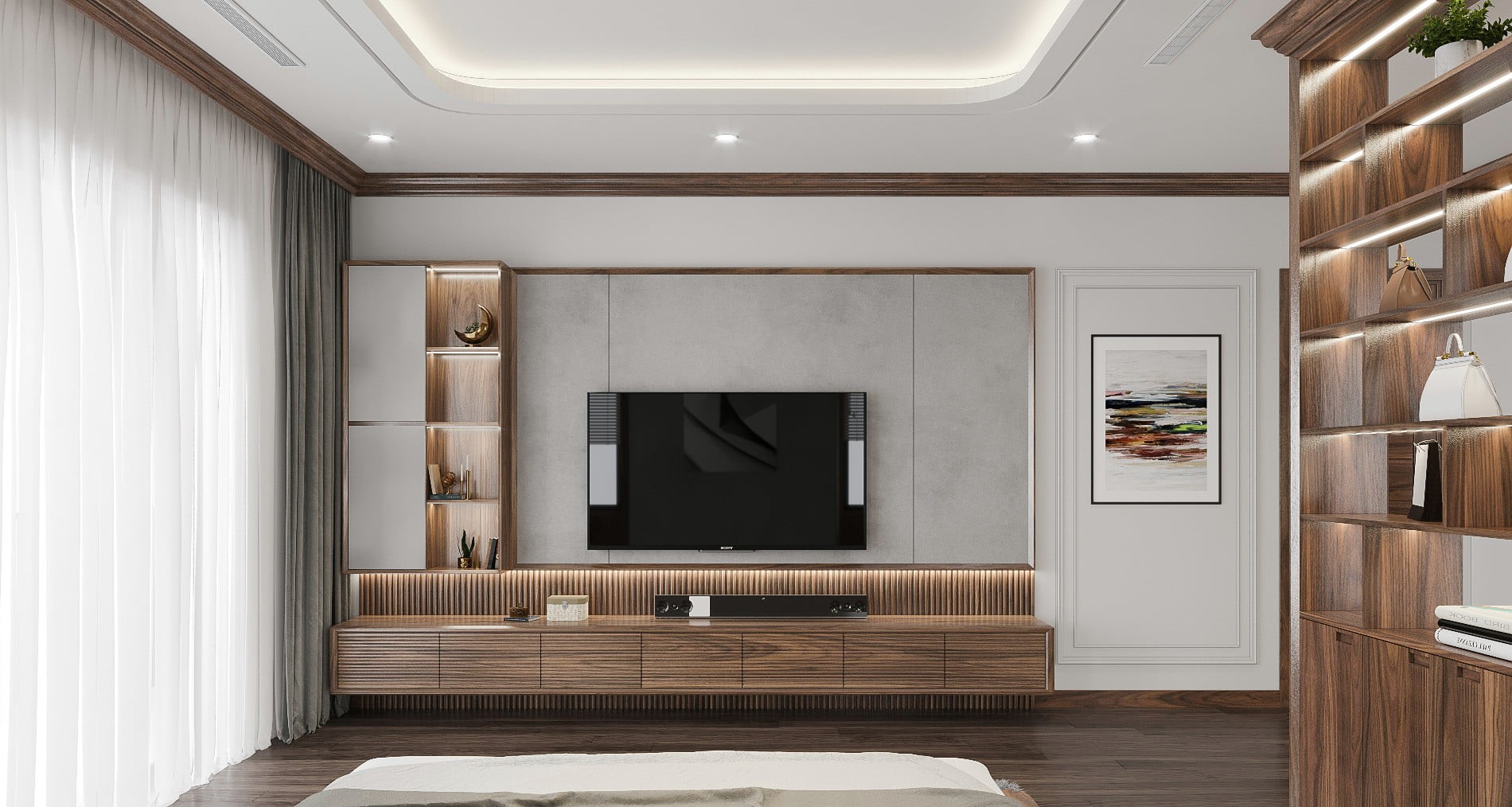 : Kệ tivi hiện đại treo tường kiểu chữ I cho phòng ngủ