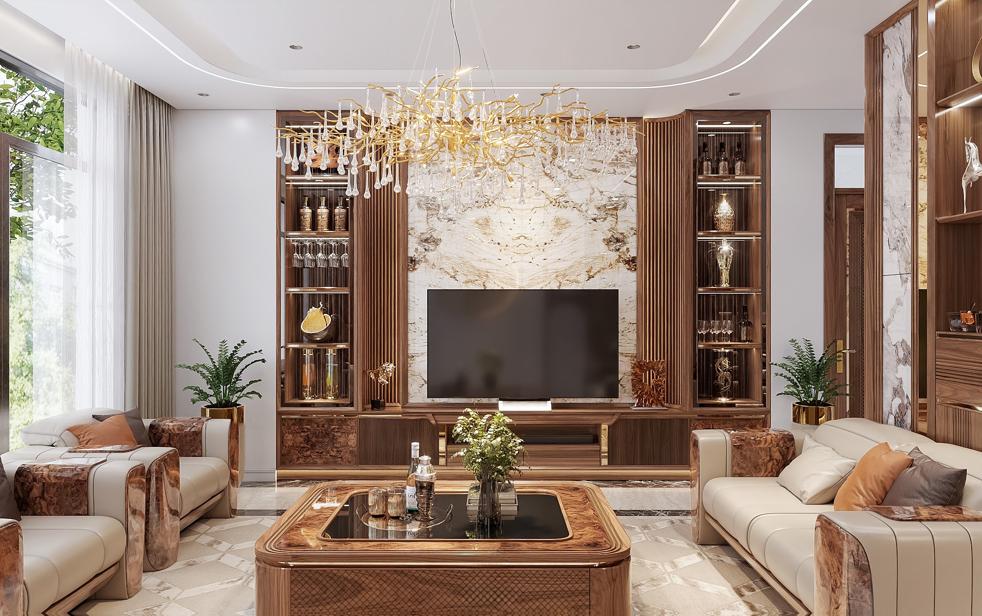 Kệ tivi kèm tủ rượu hiện đại với viền vàng đồng và lam sóng cong chữ C