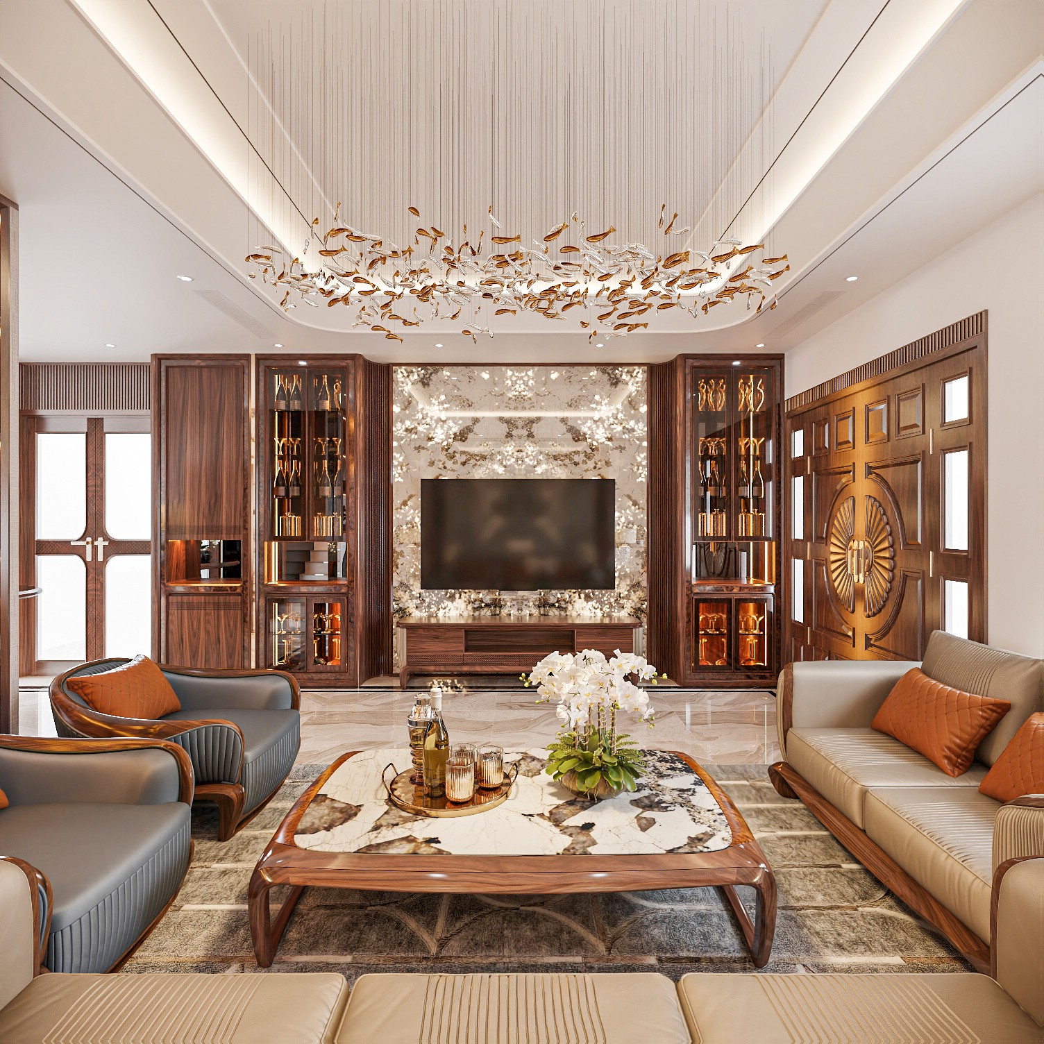 Kệ tivi kết hợp tủ rượu hiện đại cao kịch trần với cánh kính viền veneer nu