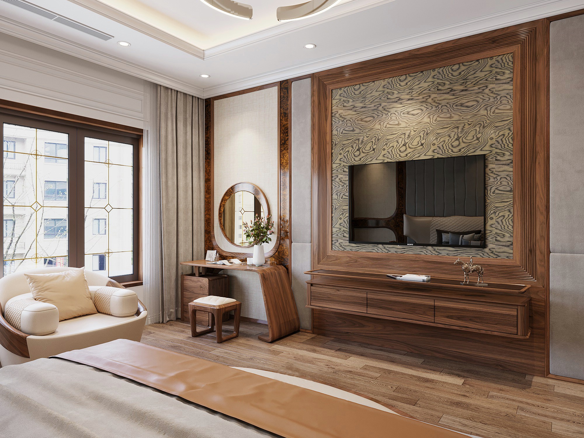 Kệ tivi phòng khách treo tường hiện đại với 3 ngăn kéo CNC kẻ ngang