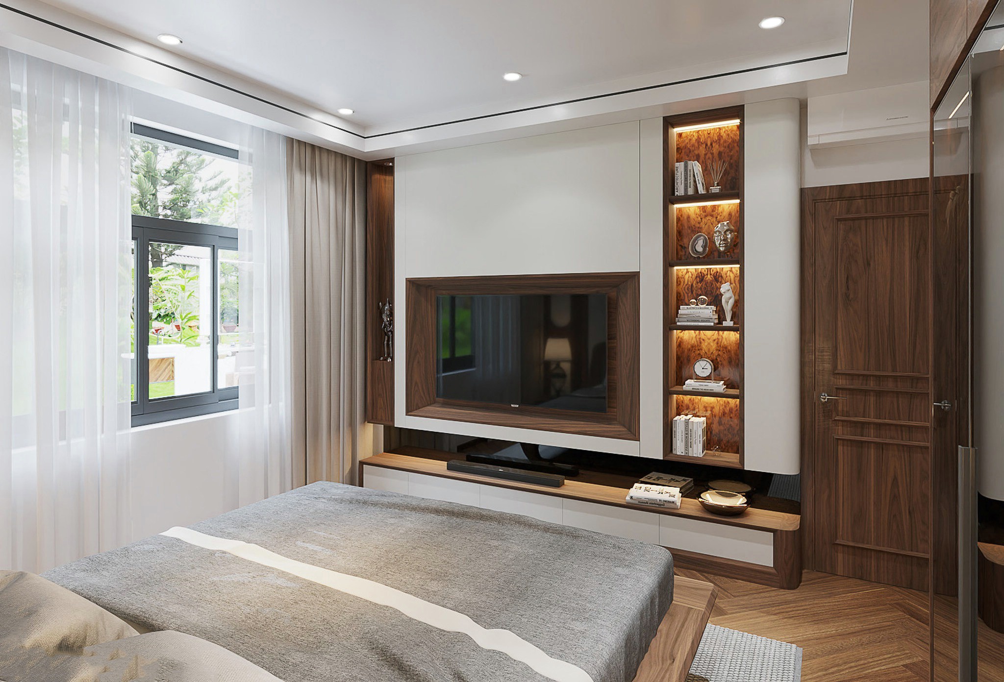 Kệ tivi phòng ngủ hiện đại chất liệu gỗ MDF với 5 ngăn kéo acrylic trắng