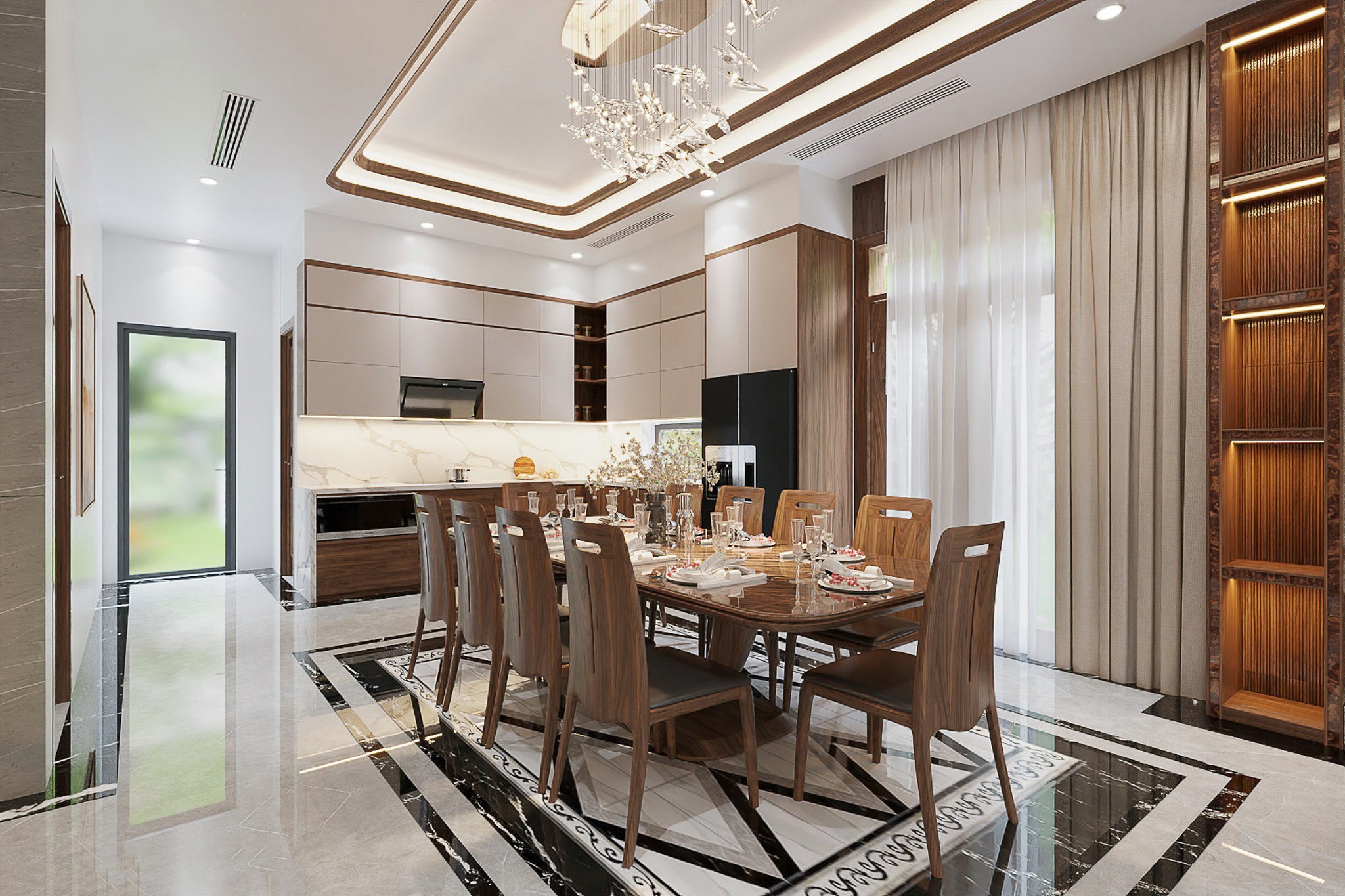 Mẫu bàn ăn đẹp 10 ghế với mặt gỗ bo góc, kính trong suốt và ghế bọc da màu đen